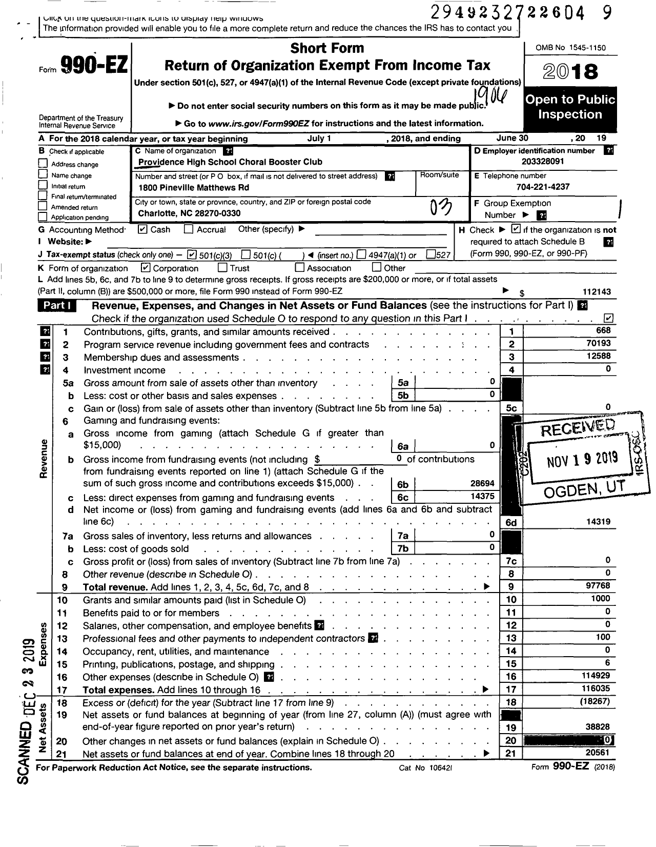 Image of first page of 2018 Form 990EZ for Providence High School Choral Booster Club