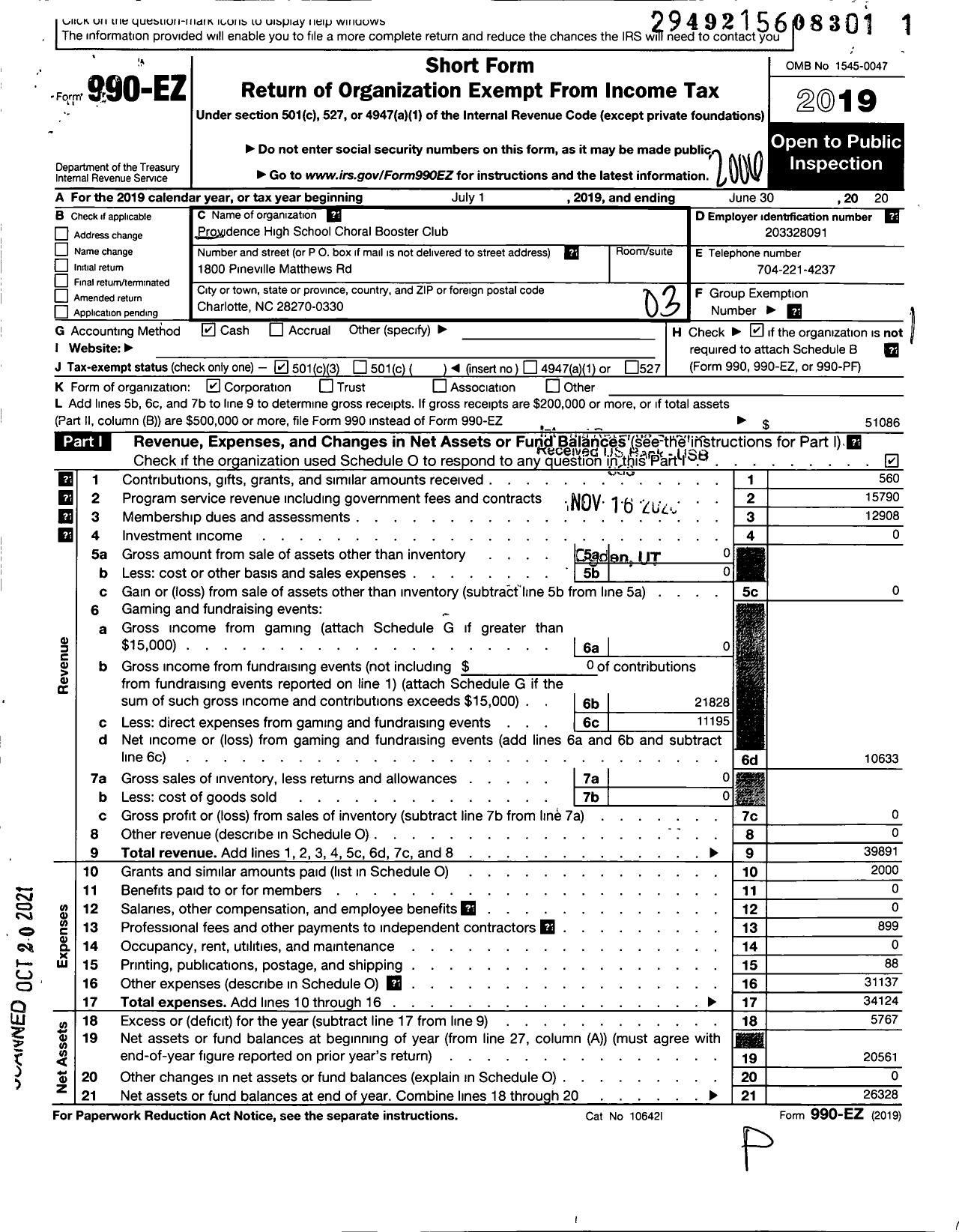 Image of first page of 2019 Form 990EZ for Providence High School Choral Booster Club