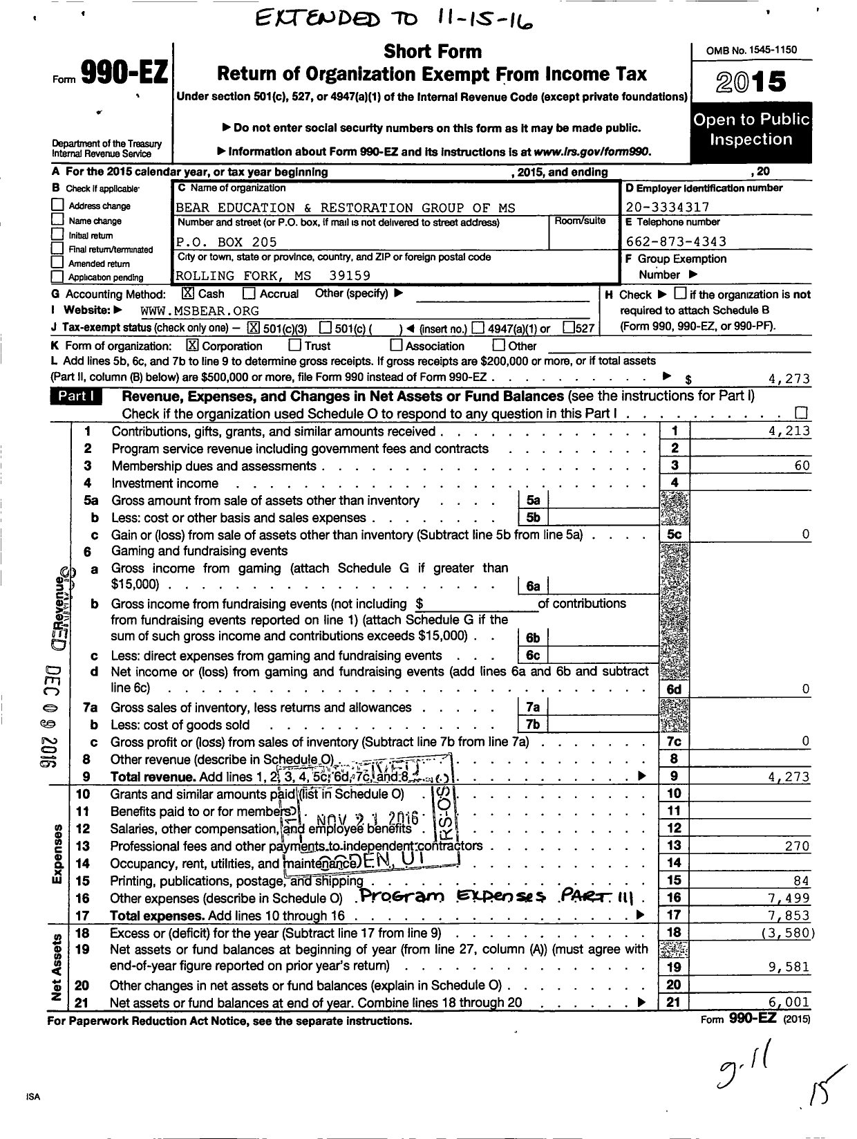 Image of first page of 2015 Form 990EZ for Bear Educations and Restoration Group of Mississippi