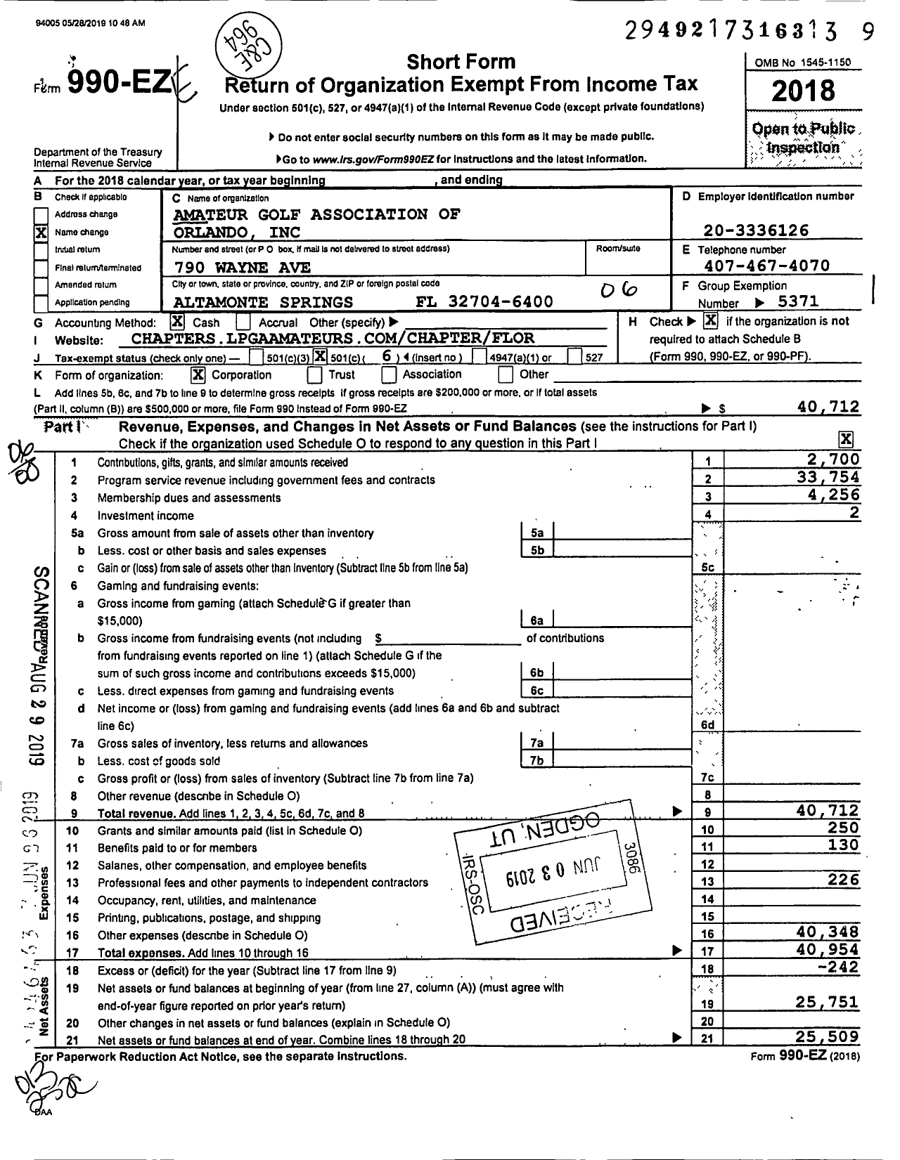 Image of first page of 2018 Form 990EO for Excutive Womens Golf Association / Orlando FL Chapter