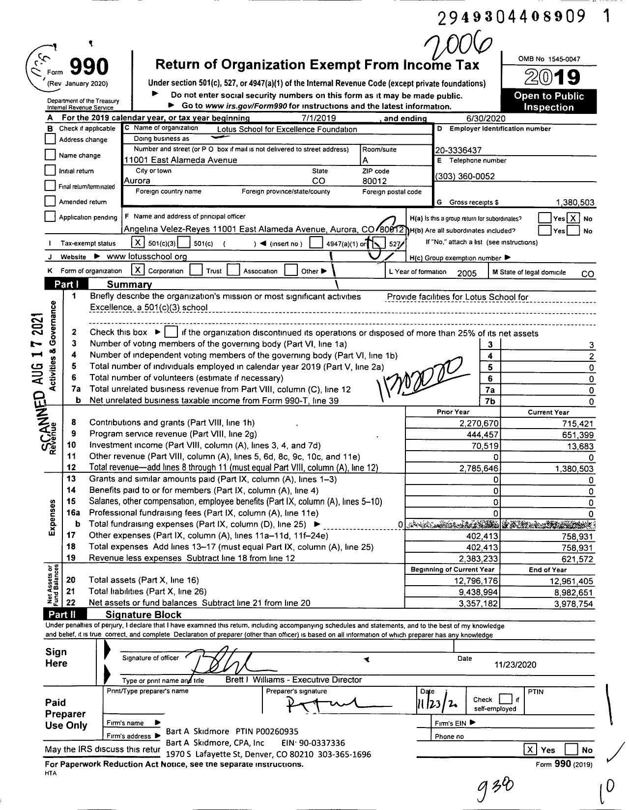 Image of first page of 2019 Form 990 for Lotus School for Excellence Foundation