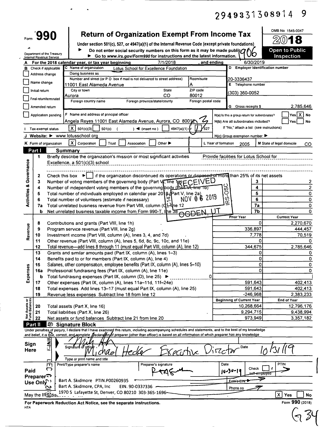 Image of first page of 2018 Form 990 for Lotus School for Excellence Foundation