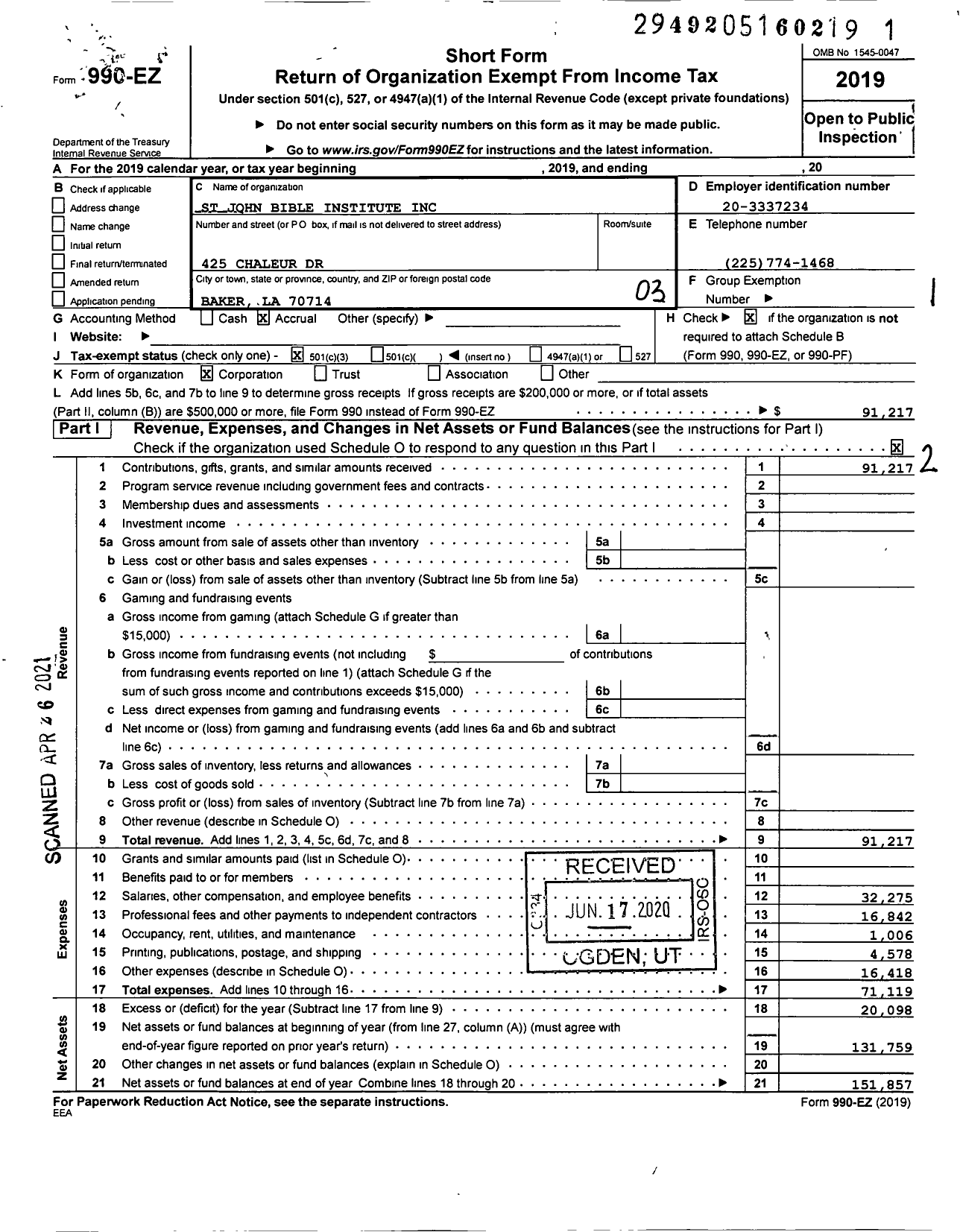 Image of first page of 2019 Form 990EZ for St John Bible Institute