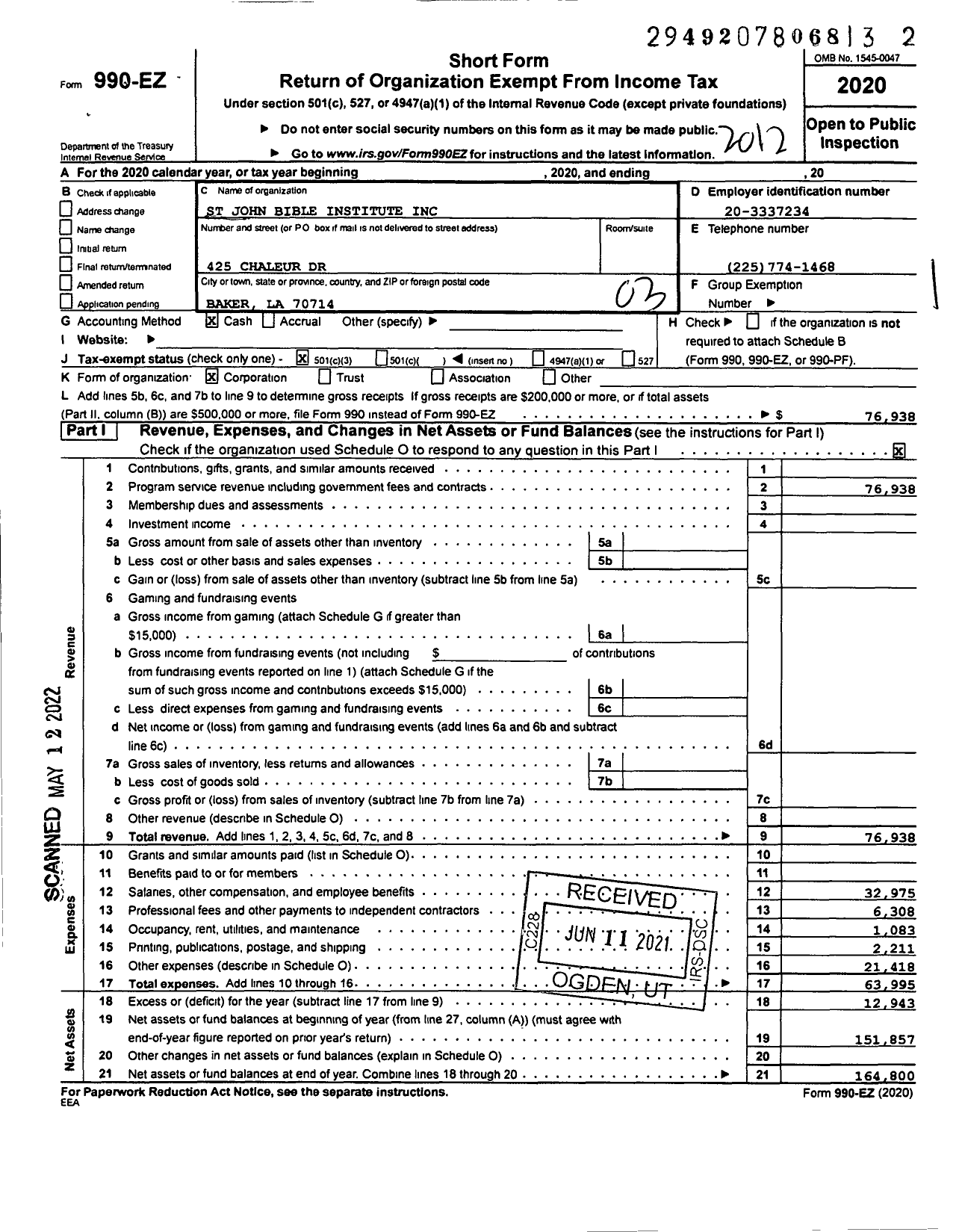 Image of first page of 2020 Form 990EZ for St John Bible Institute