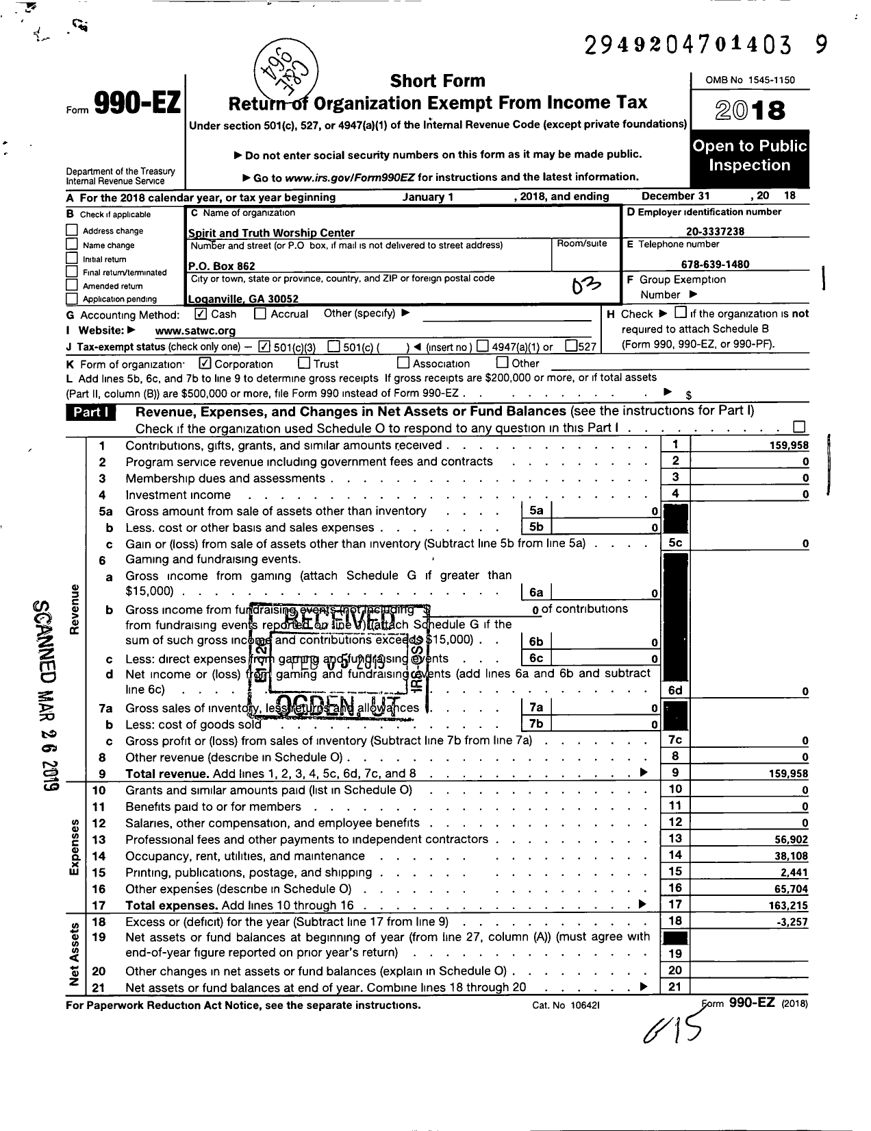 Image of first page of 2018 Form 990EZ for Spirit and Truth International Worship Center