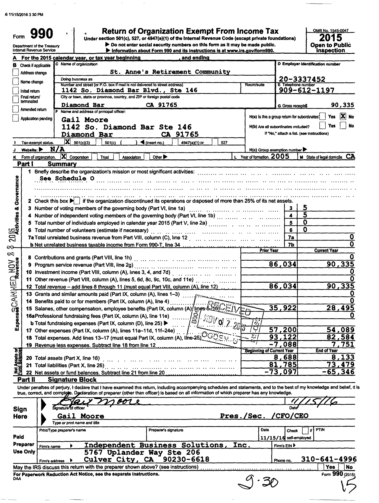 Image of first page of 2015 Form 990 for St Annes Retirement Community