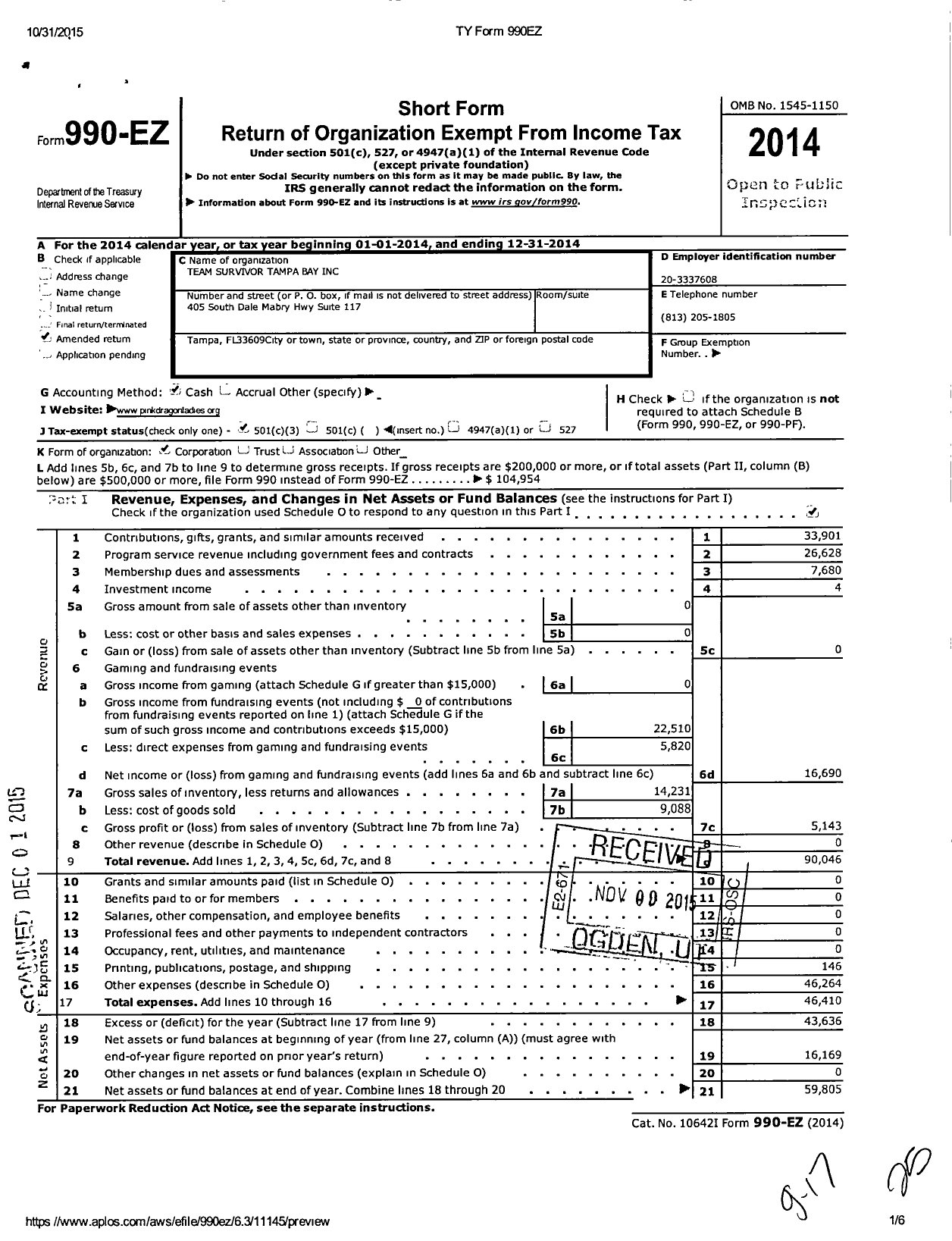 Image of first page of 2014 Form 990EZ for Team Survivor Tampa Bay