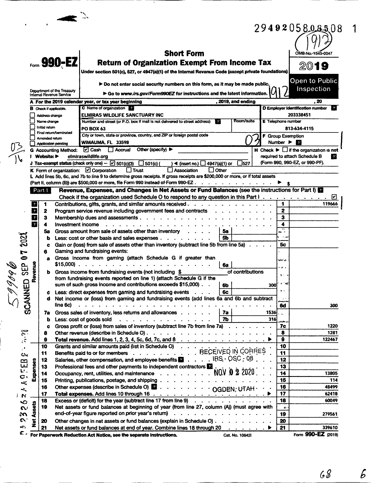 Image of first page of 2019 Form 990EZ for Elmiras Wildlife Sanctuary