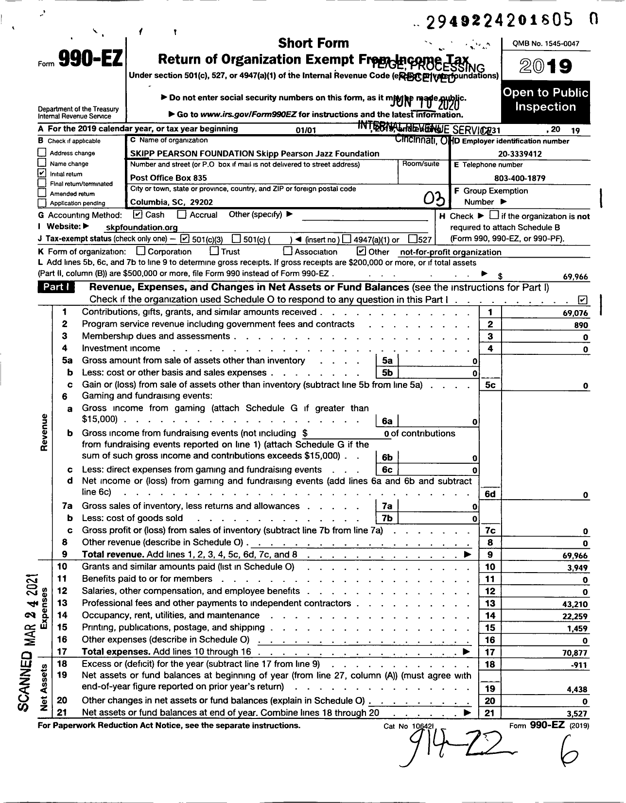 Image of first page of 2019 Form 990EZ for Skipp PEARSON FOUNDATION