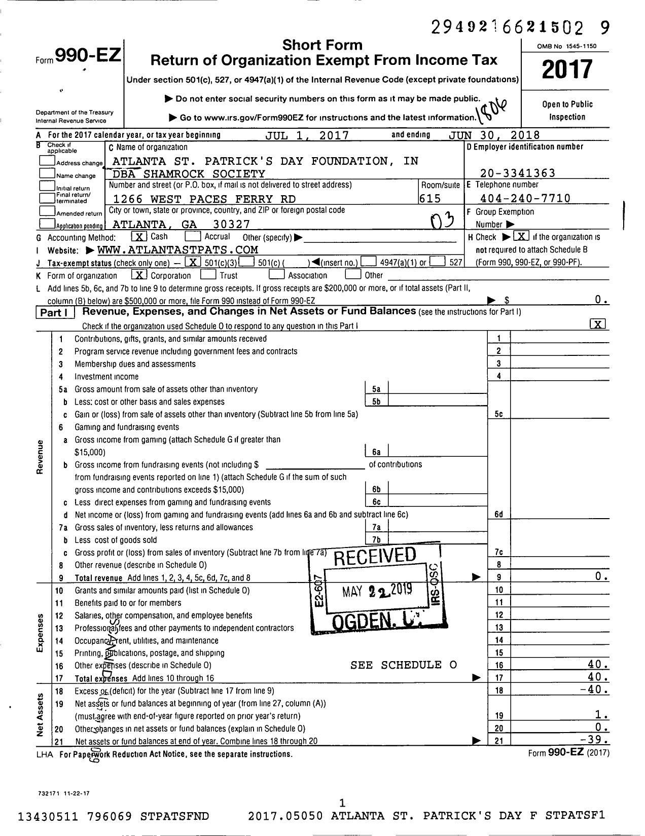 Image of first page of 2017 Form 990EZ for Shamrock Society