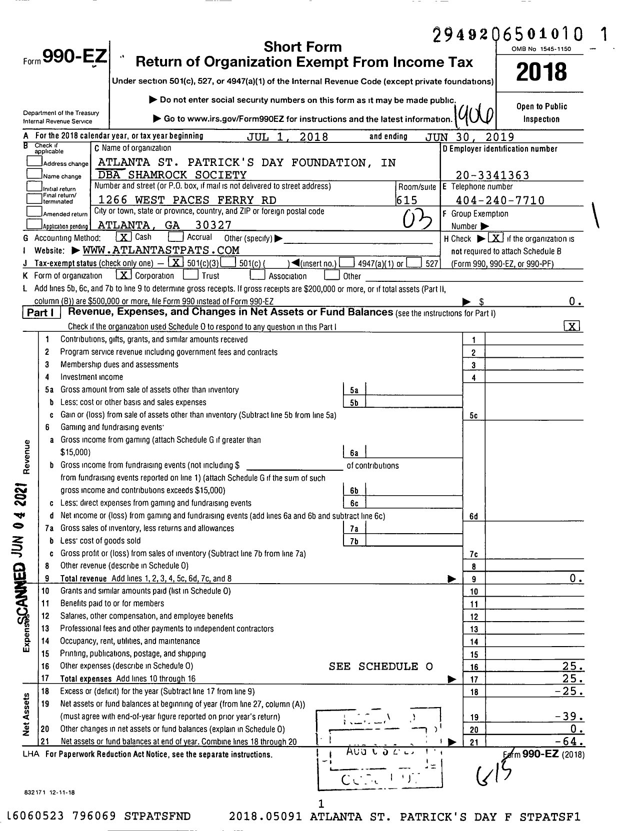 Image of first page of 2018 Form 990EZ for Shamrock Society