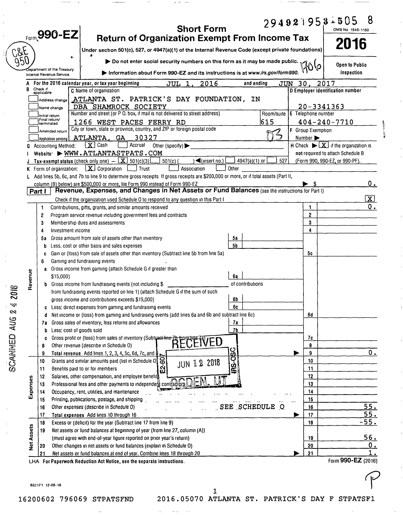 Image of first page of 2016 Form 990EZ for Shamrock Society