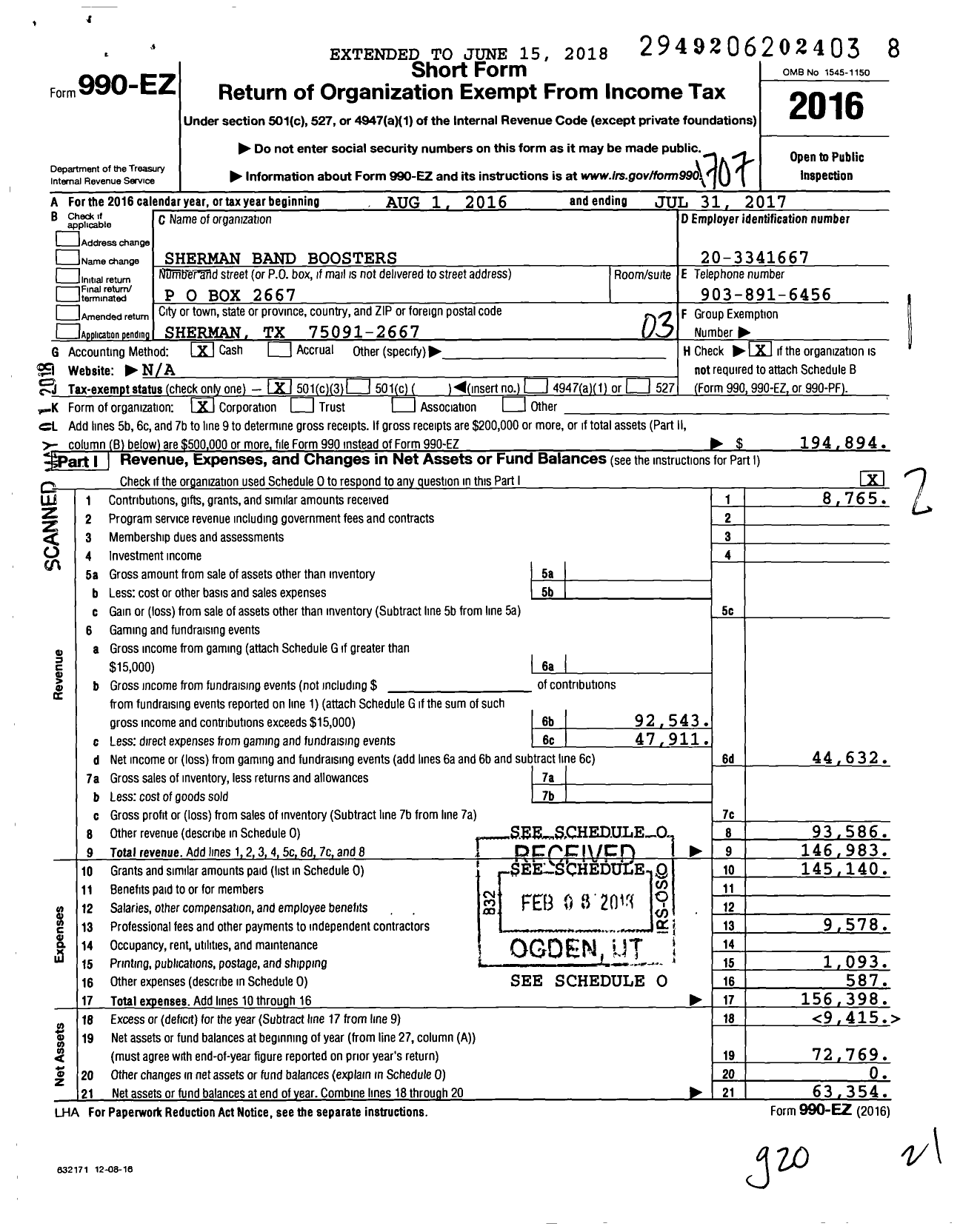 Image of first page of 2016 Form 990EZ for Sherman Band Boosters