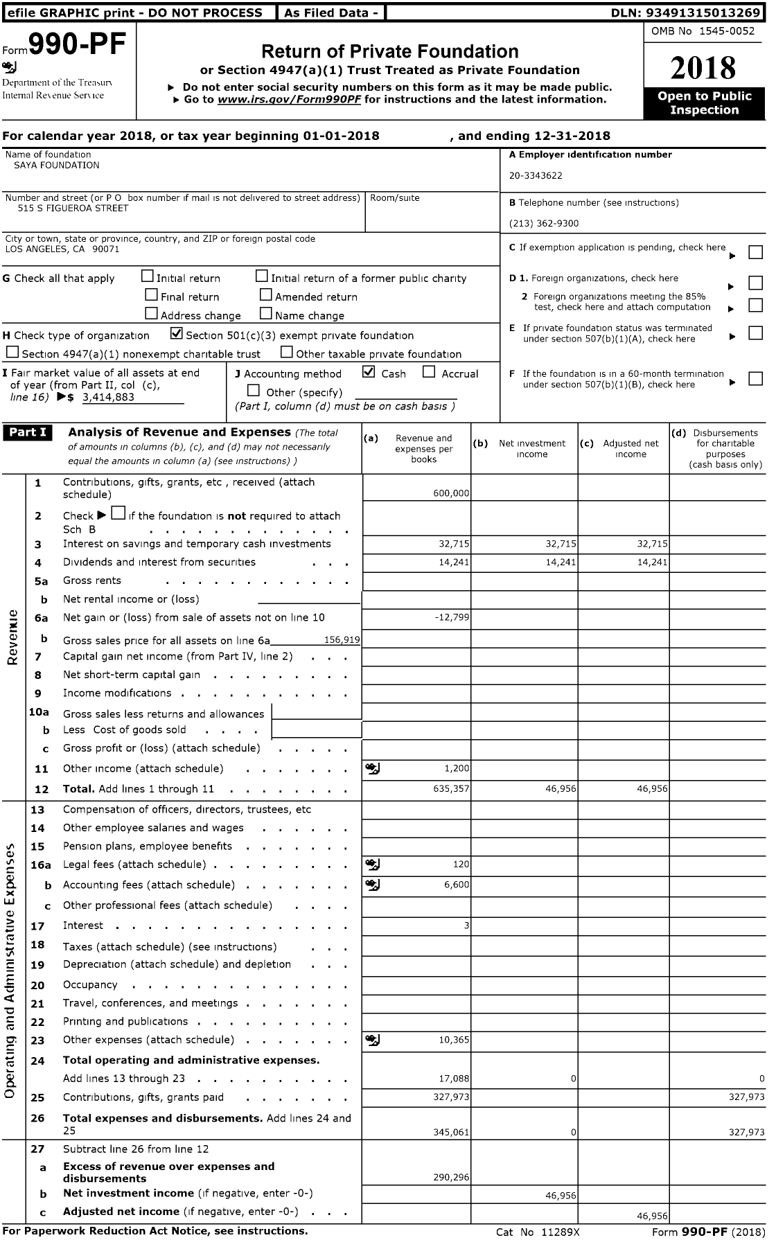 Image of first page of 2018 Form 990PF for Saya Foundation