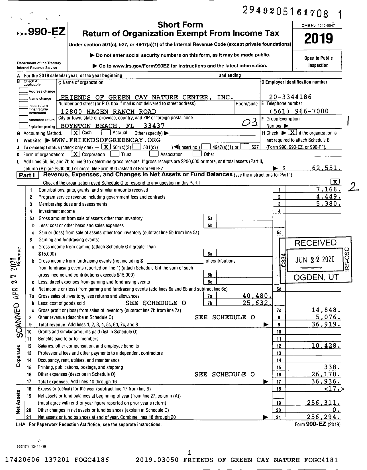 Image of first page of 2019 Form 990EZ for Friends of Green Cay Nature Center