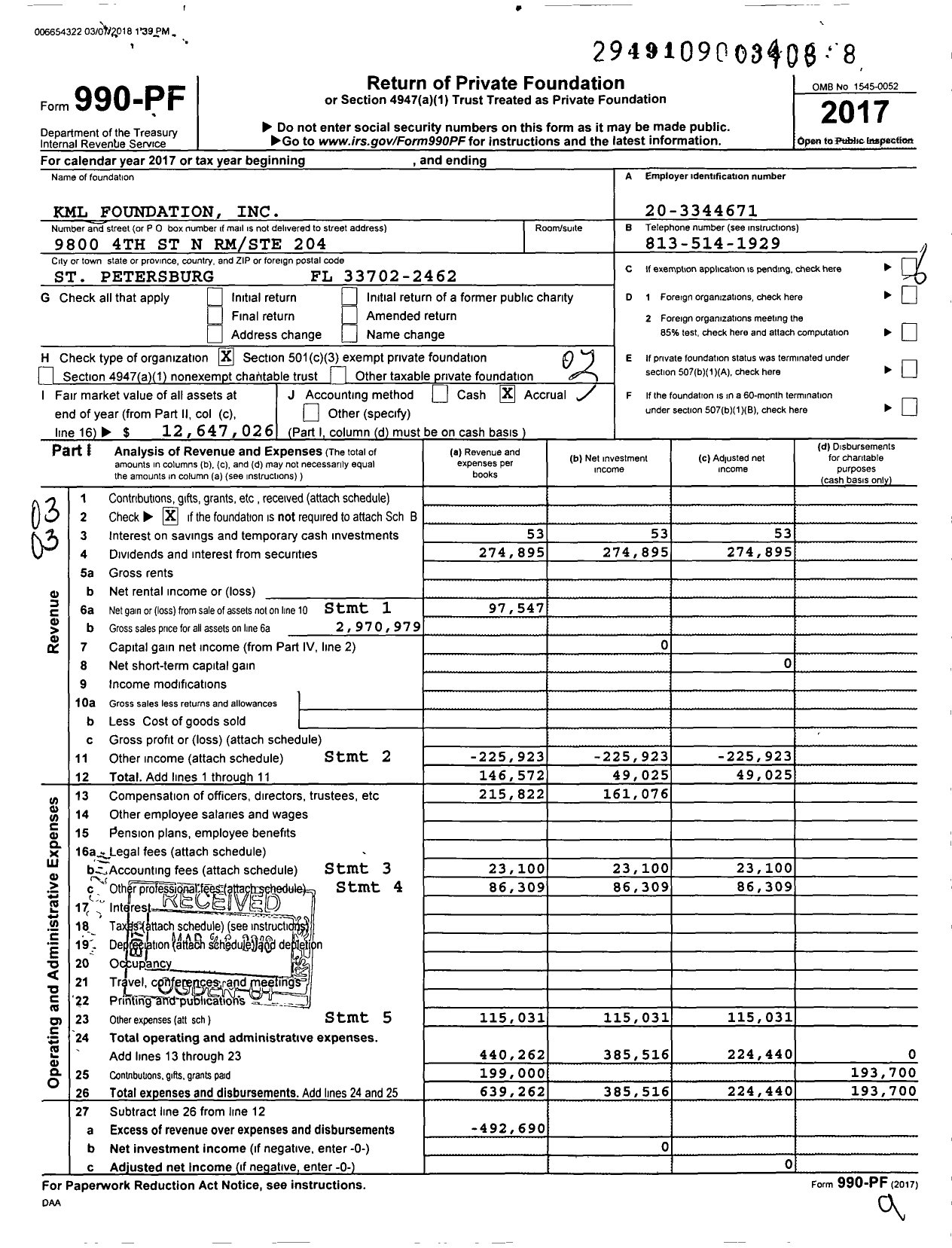 Image of first page of 2017 Form 990PF for KML Foundation
