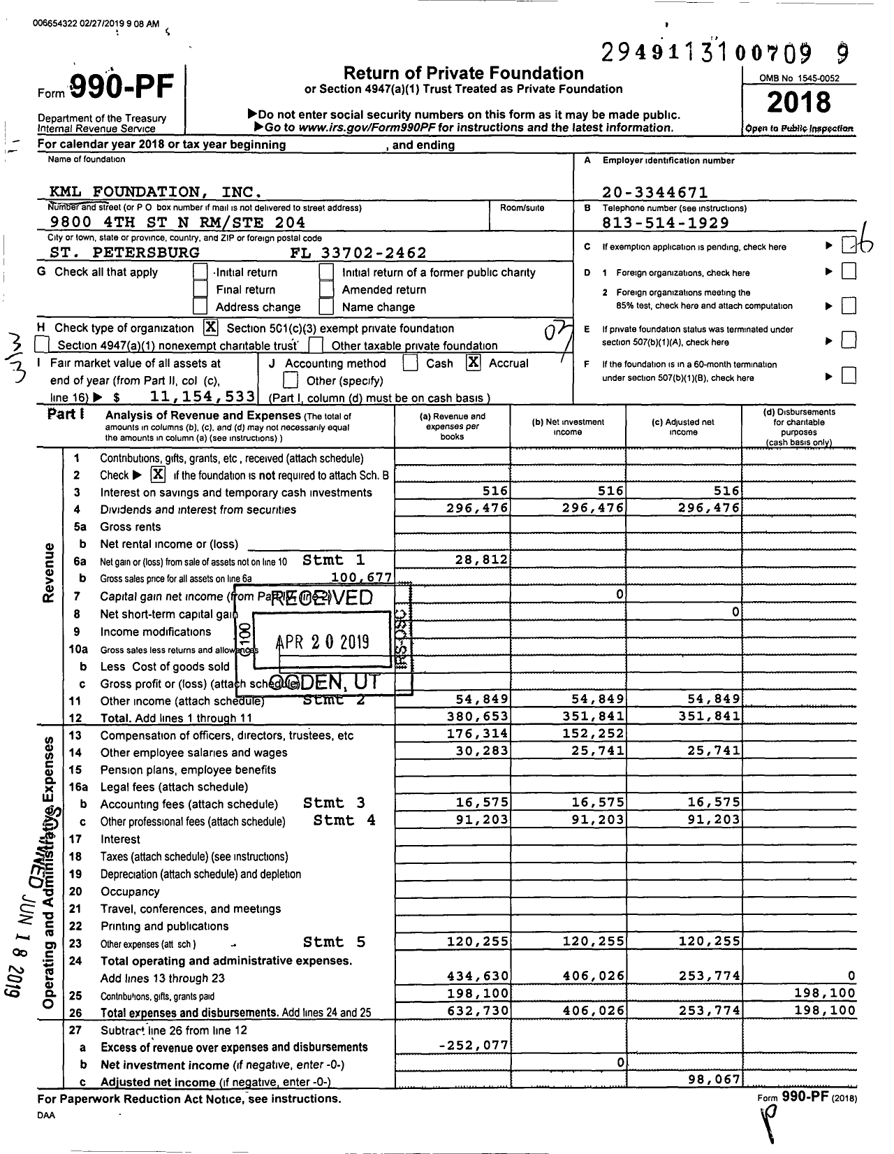 Image of first page of 2018 Form 990PF for KML Foundation