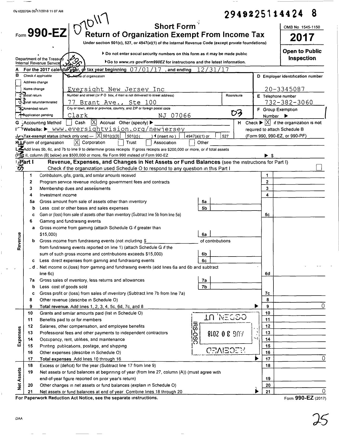 Image of first page of 2017 Form 990EZ for Eversight New Jersey