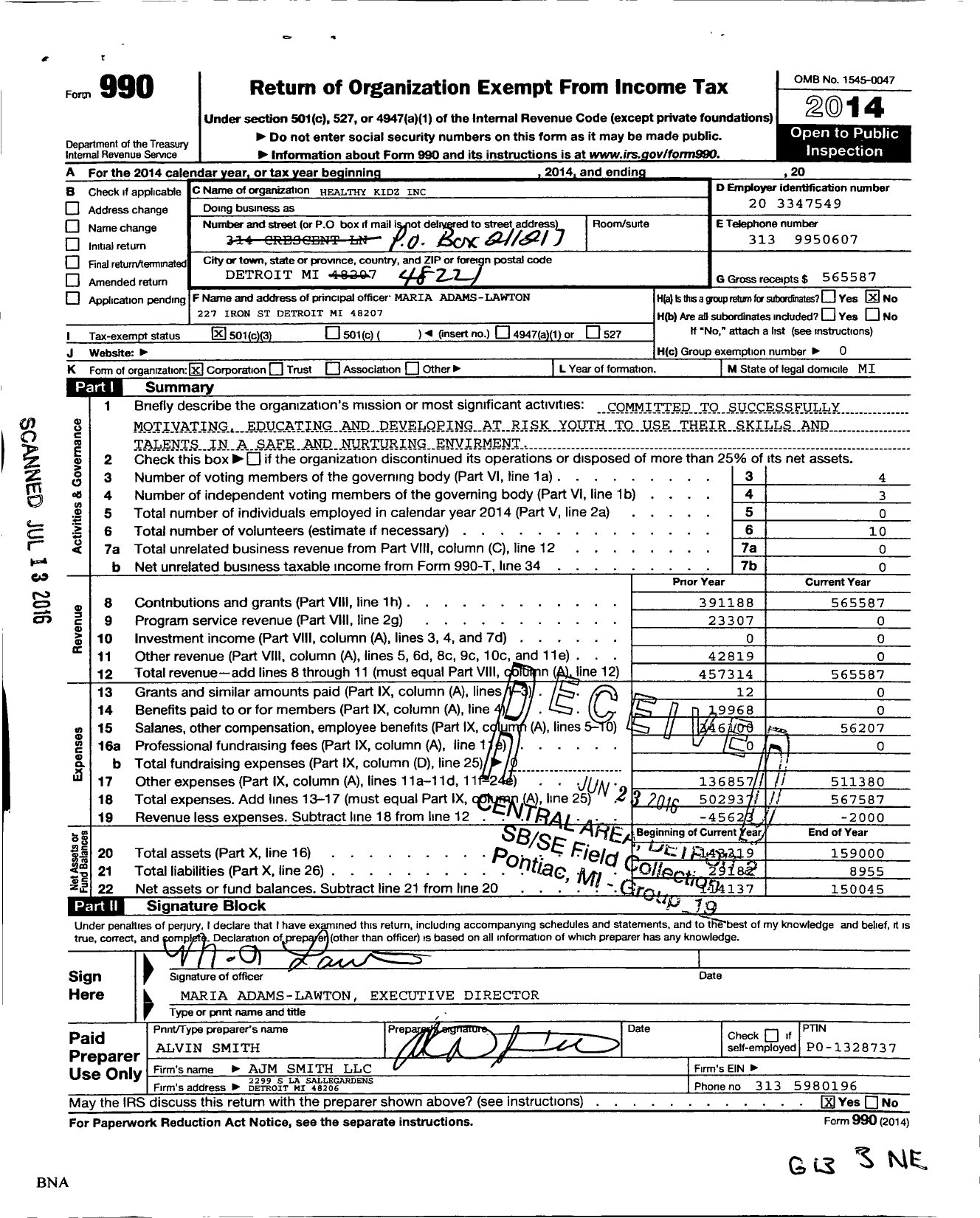 Image of first page of 2014 Form 990 for Healthy Kidz