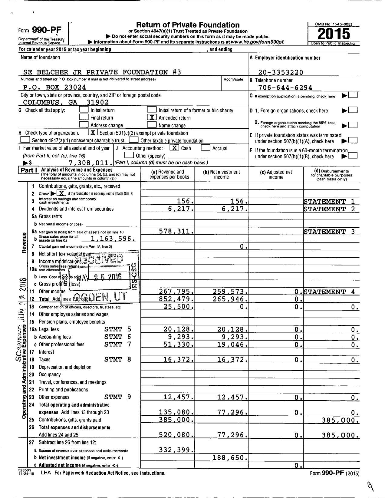 Image of first page of 2015 Form 990PF for Se Belcher JR Private Foundation #3