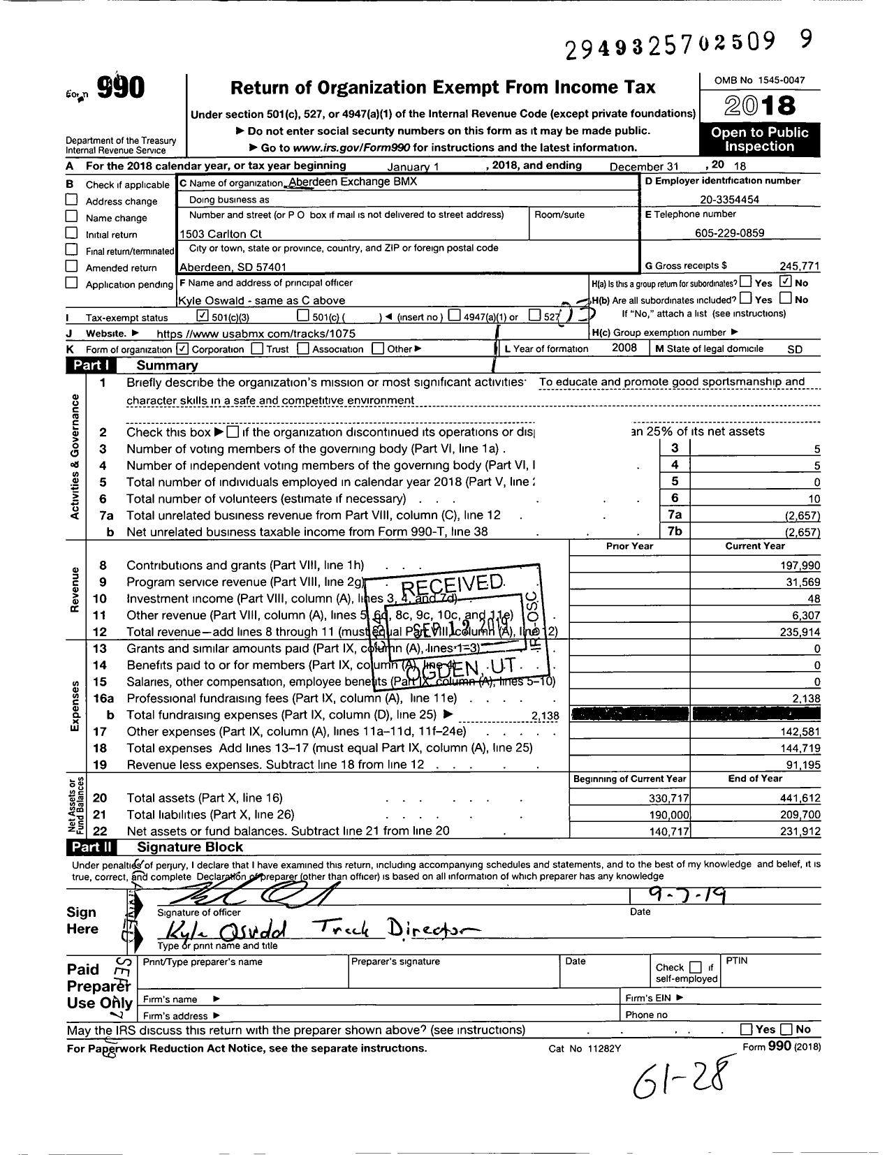 Image of first page of 2018 Form 990 for Aberdeen Exchange BMX