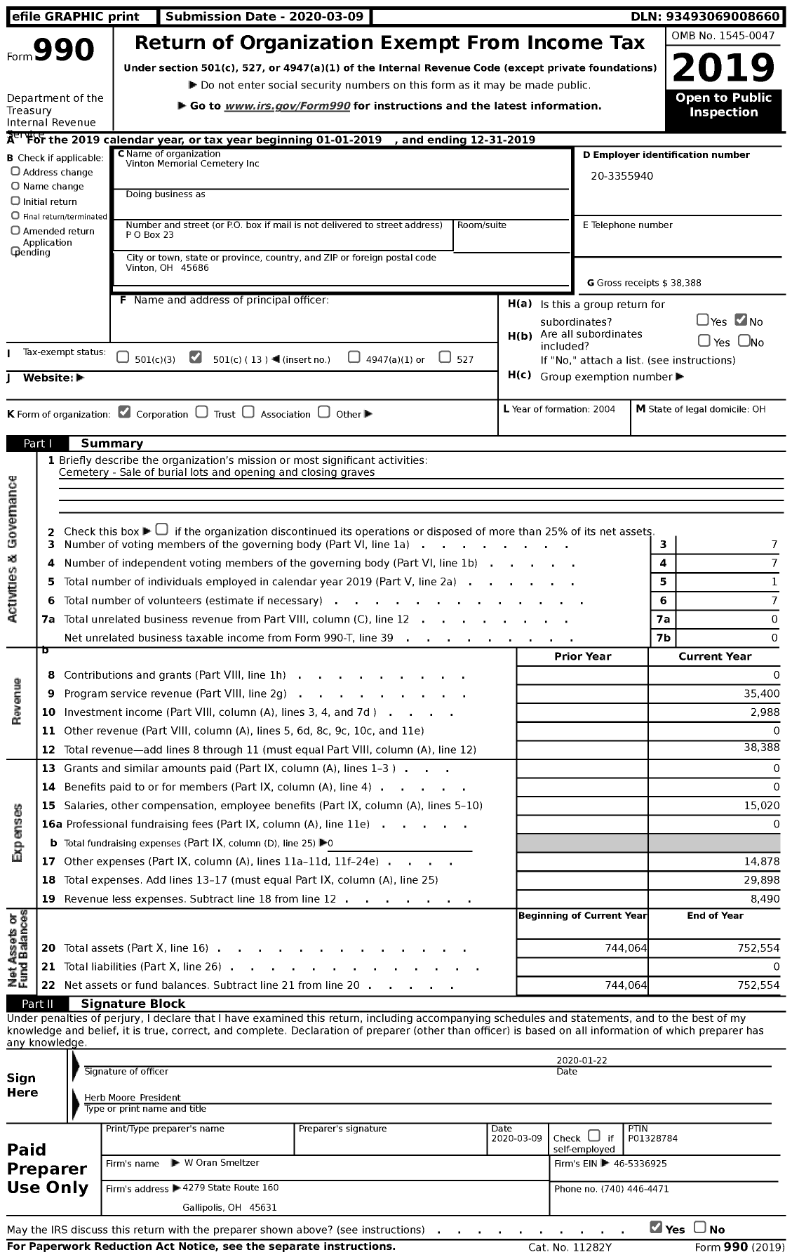 Image of first page of 2019 Form 990 for Vinton Memorial Cemetery