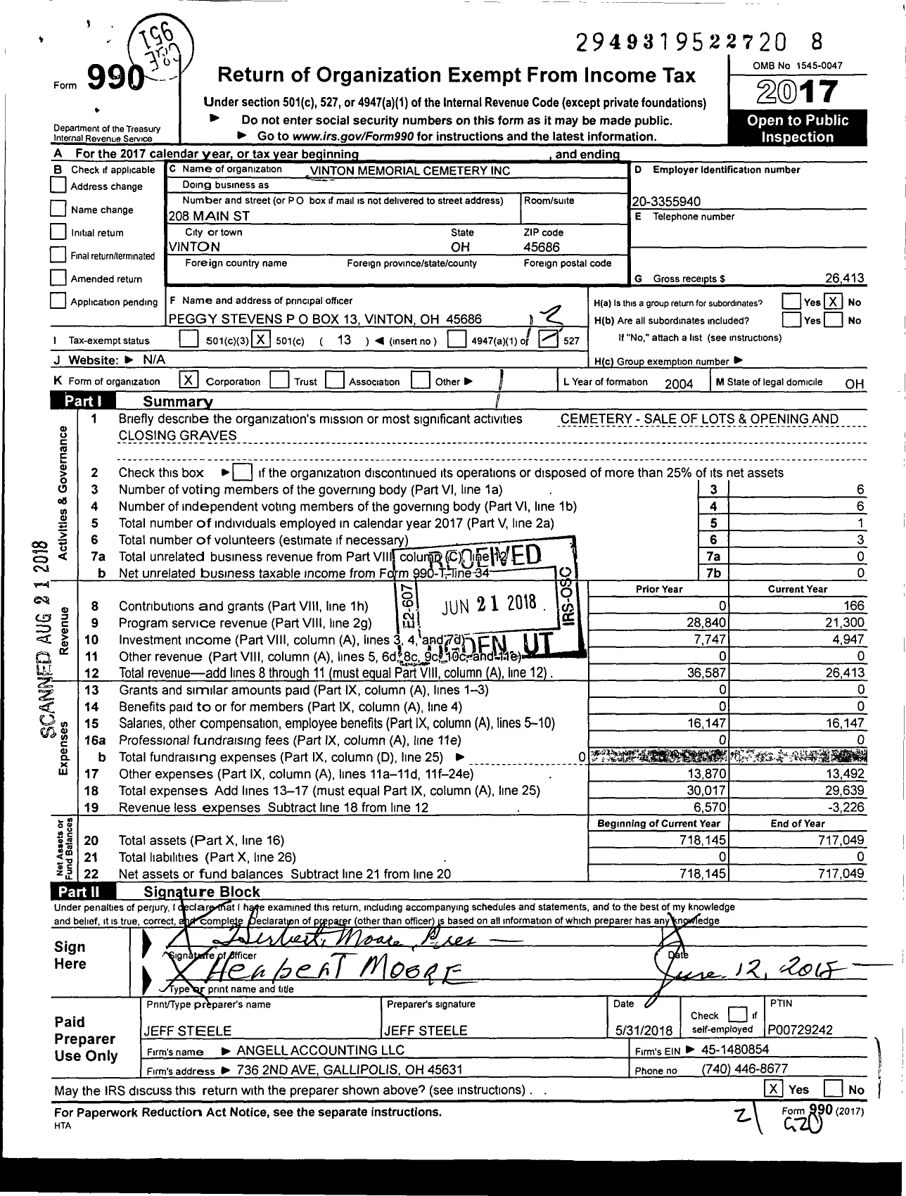 Image of first page of 2017 Form 990O for Vinton Memorial Cemetery