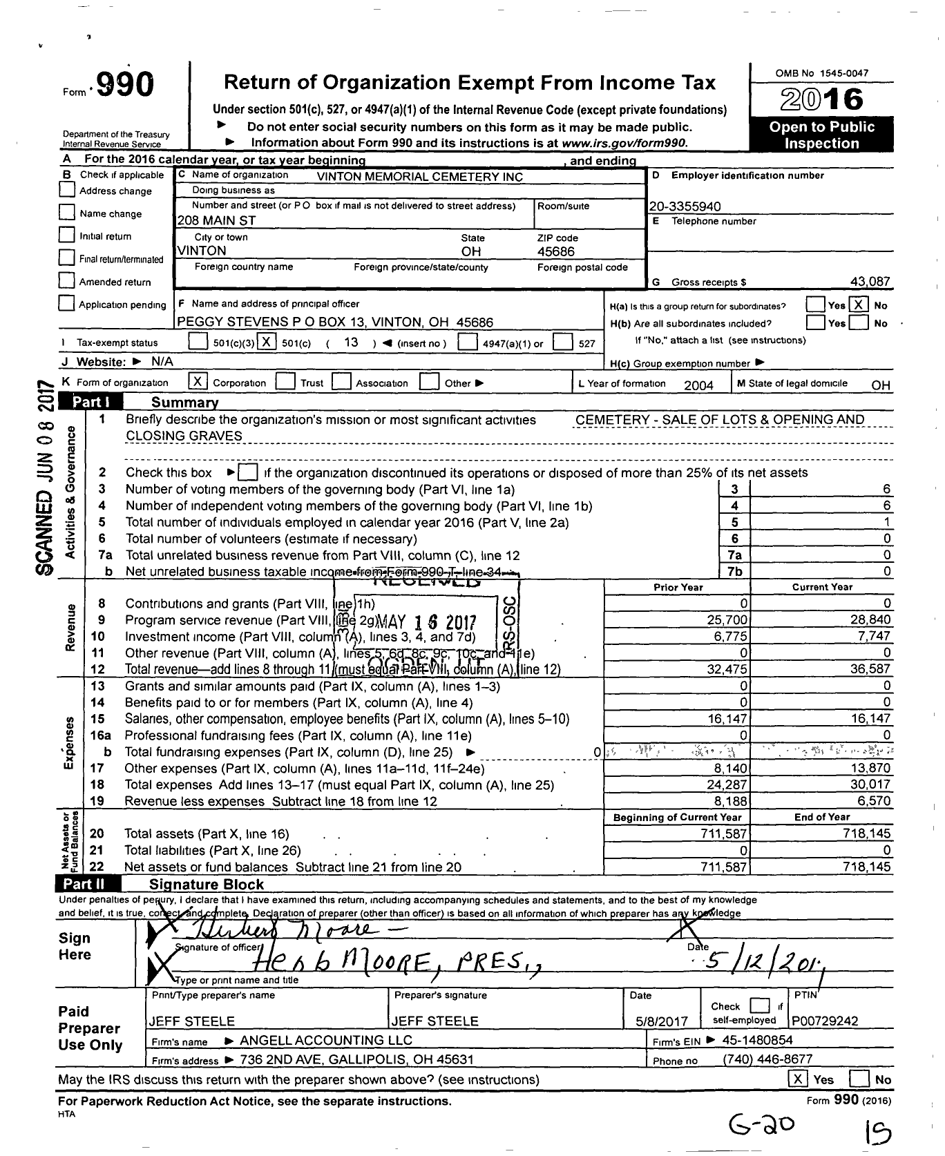 Image of first page of 2016 Form 990O for Vinton Memorial Cemetery