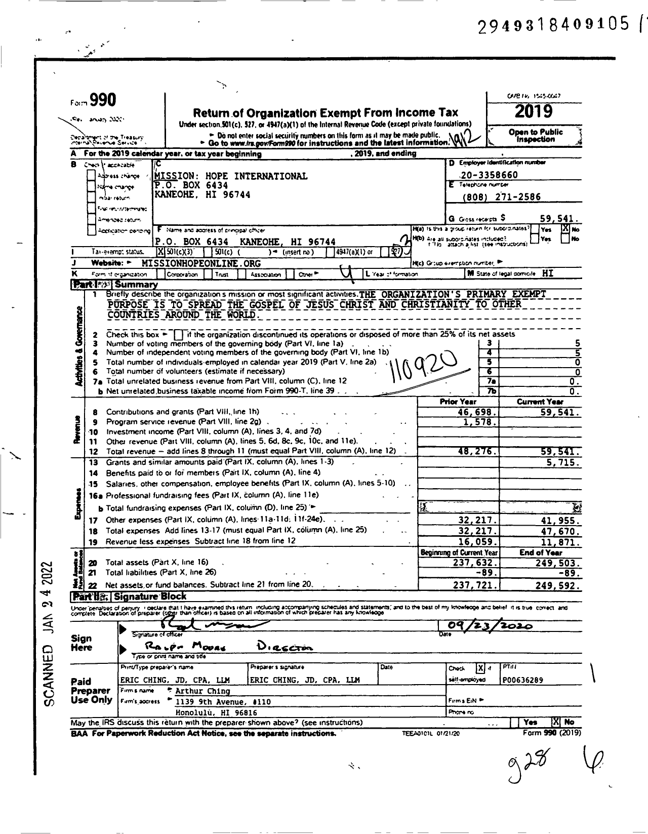 Image of first page of 2019 Form 990 for Mission Hope International