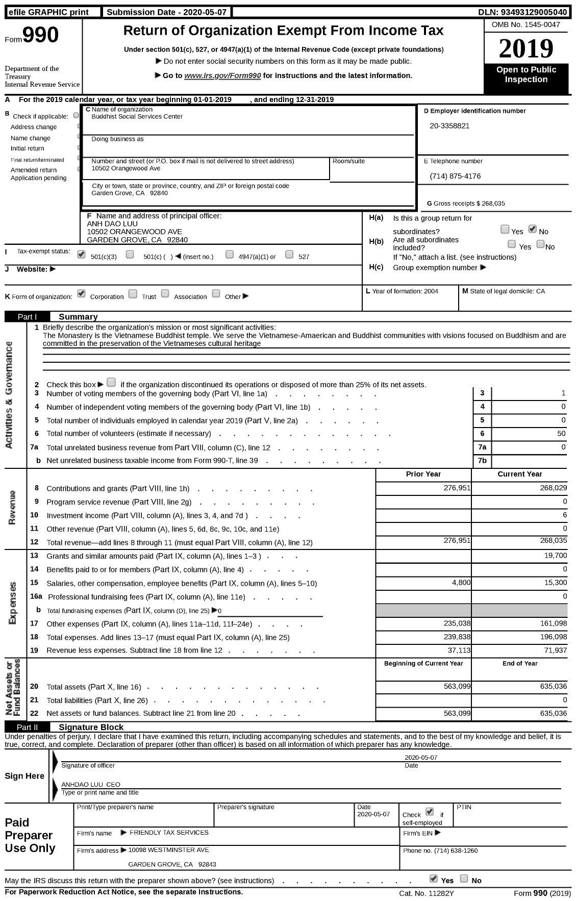 Image of first page of 2019 Form 990 for Buddhist Social Services Center