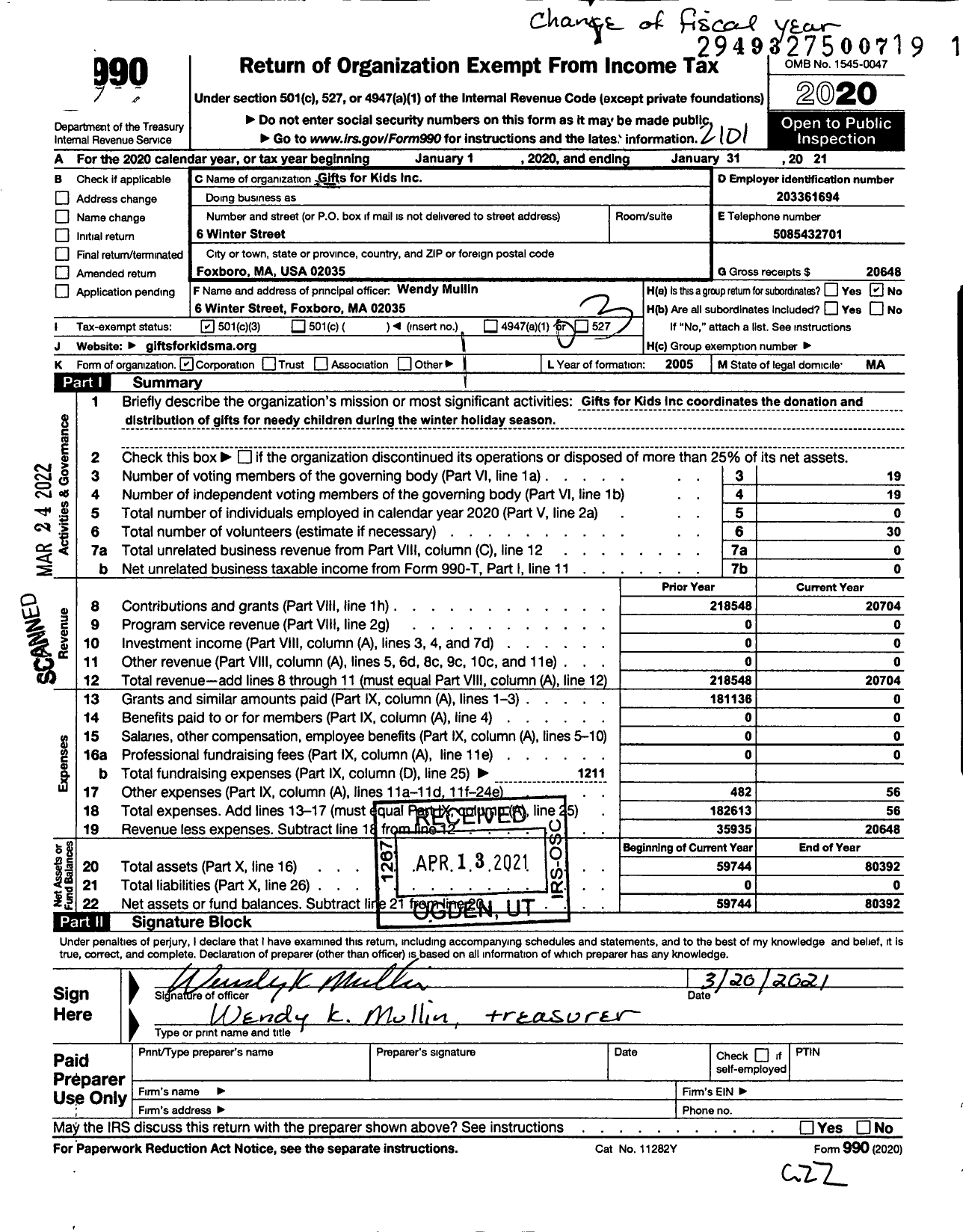 Image of first page of 2020 Form 990 for Gifts for Kids