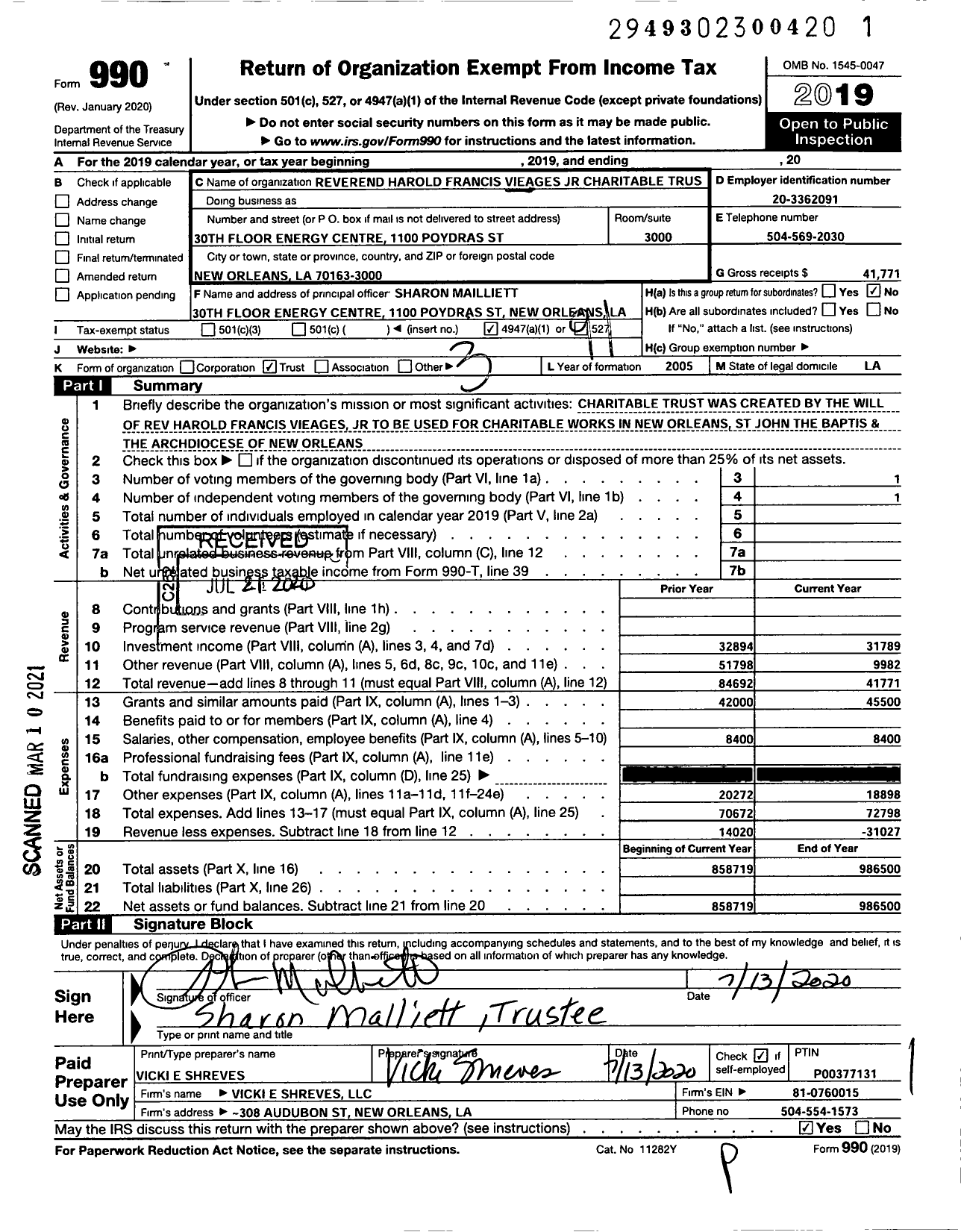 Image of first page of 2019 Form 990O for Reverend Harold Francis Vieages JR Charitable Trust