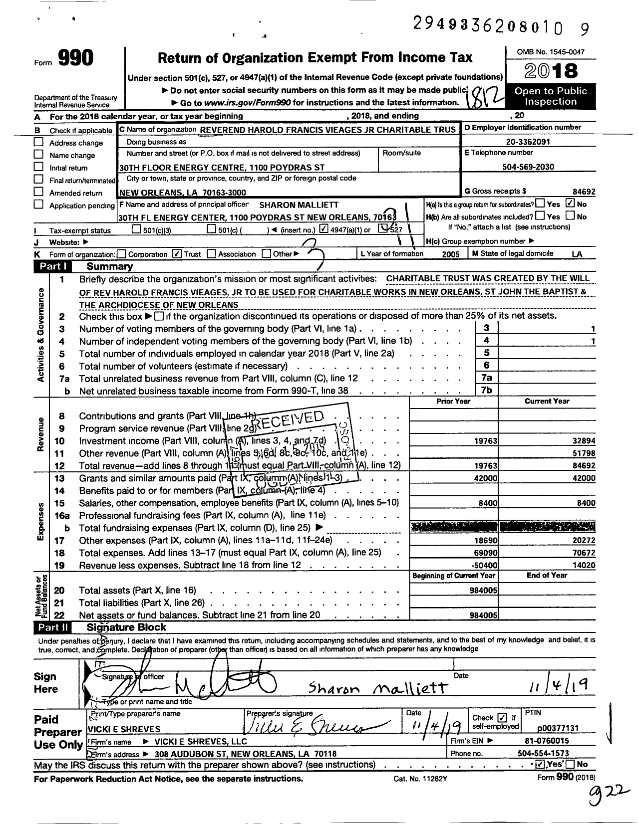 Image of first page of 2018 Form 990O for Reverend Harold Francis Vieages JR Charitable Trust