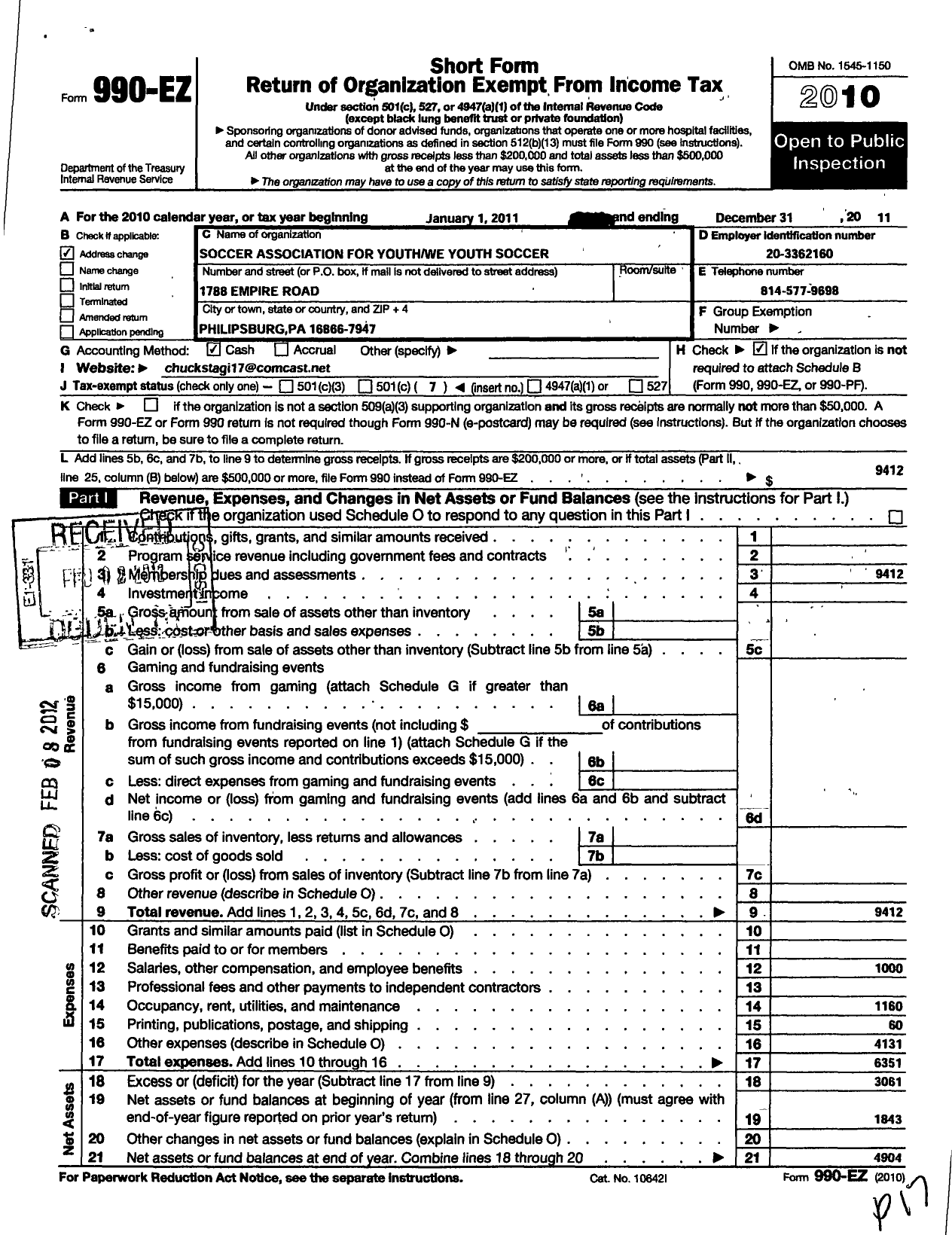 Image of first page of 2011 Form 990EO for West Branch Youth Soccer Association