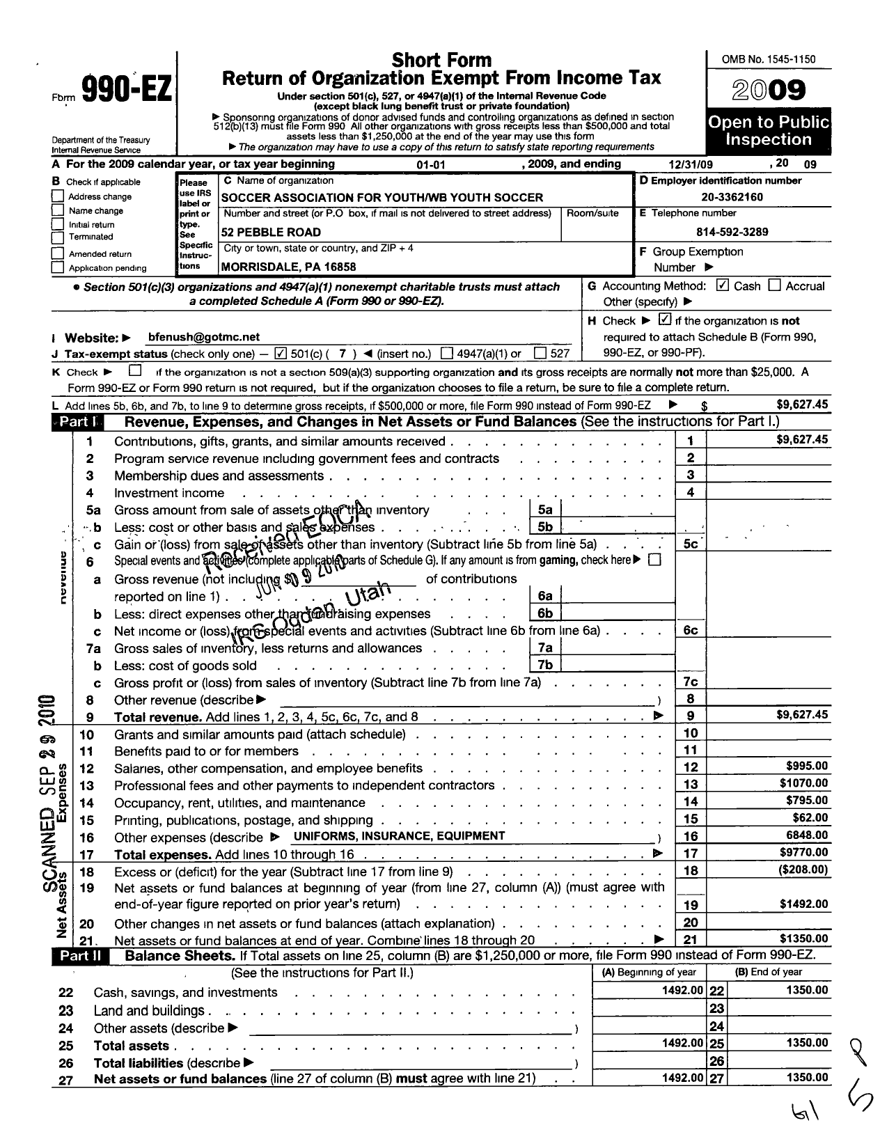 Image of first page of 2009 Form 990EO for West Branch Youth Soccer Association