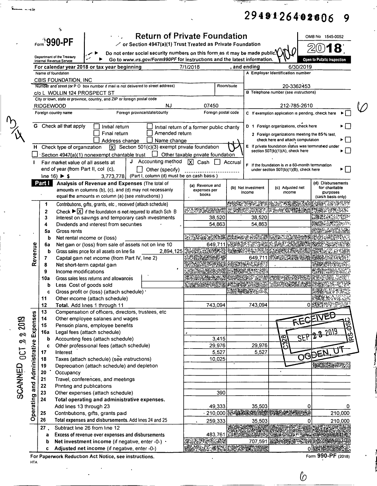 Image of first page of 2018 Form 990PF for Cbis Foundation