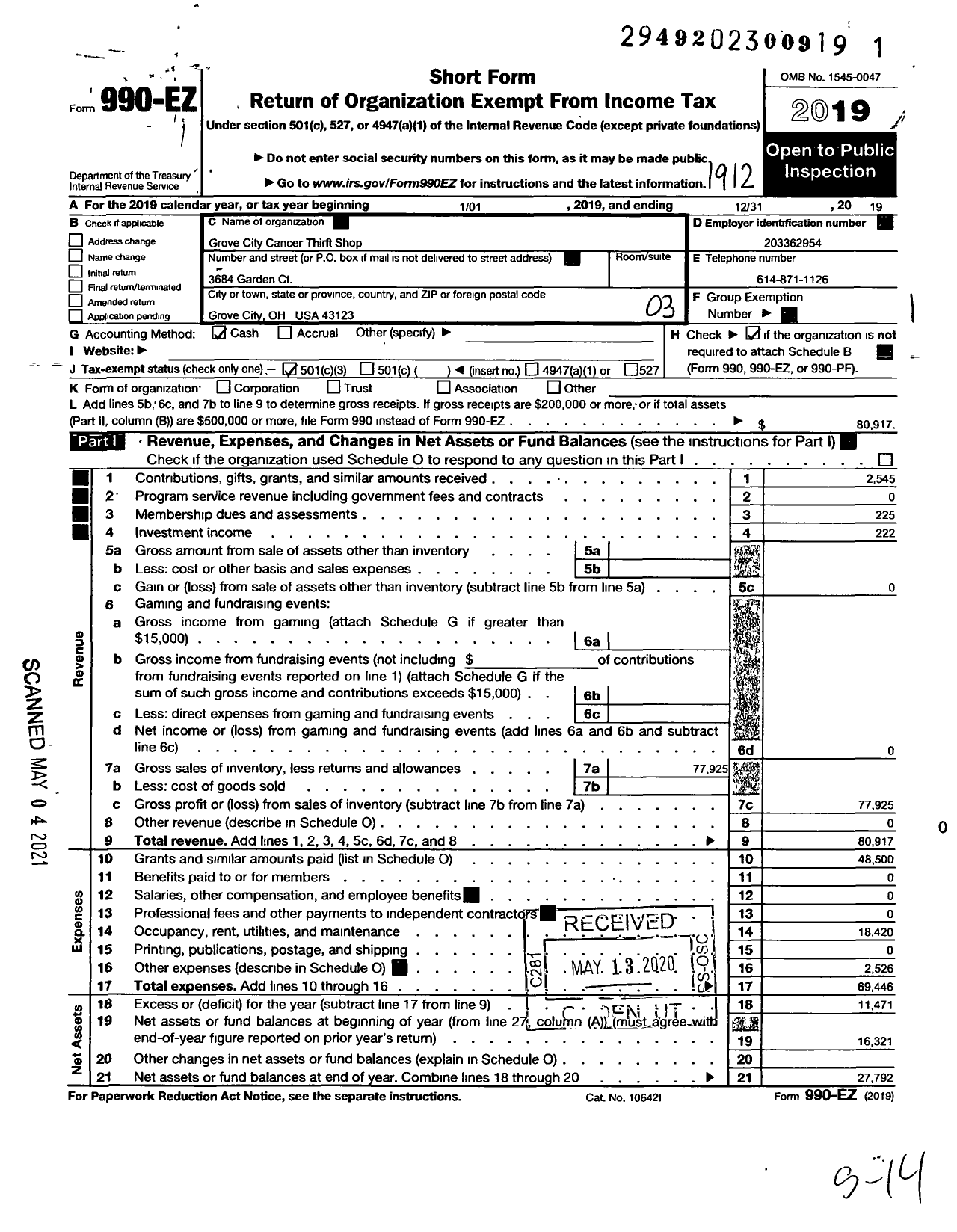 Image of first page of 2019 Form 990EZ for The Grove City Cancer Thrift Shop