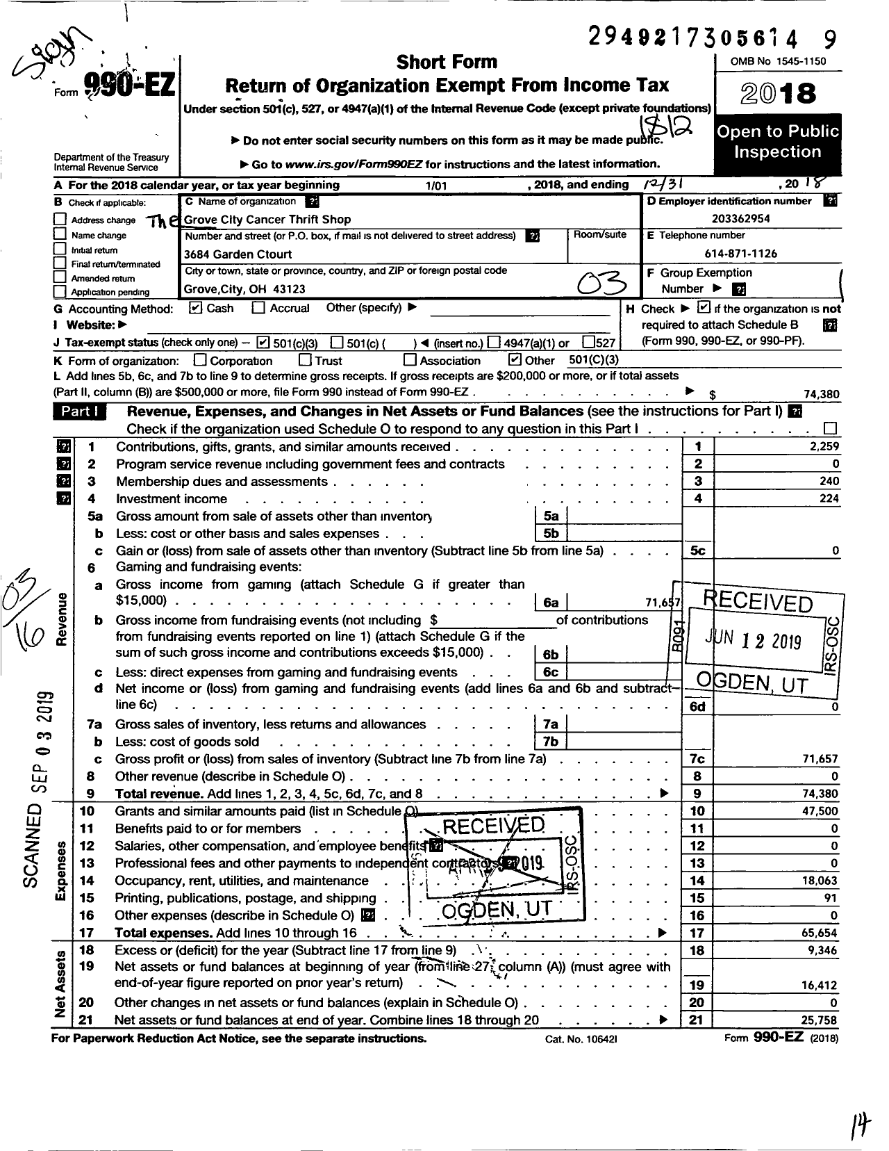 Image of first page of 2018 Form 990EZ for The Grove City Cancer Thrift Shop