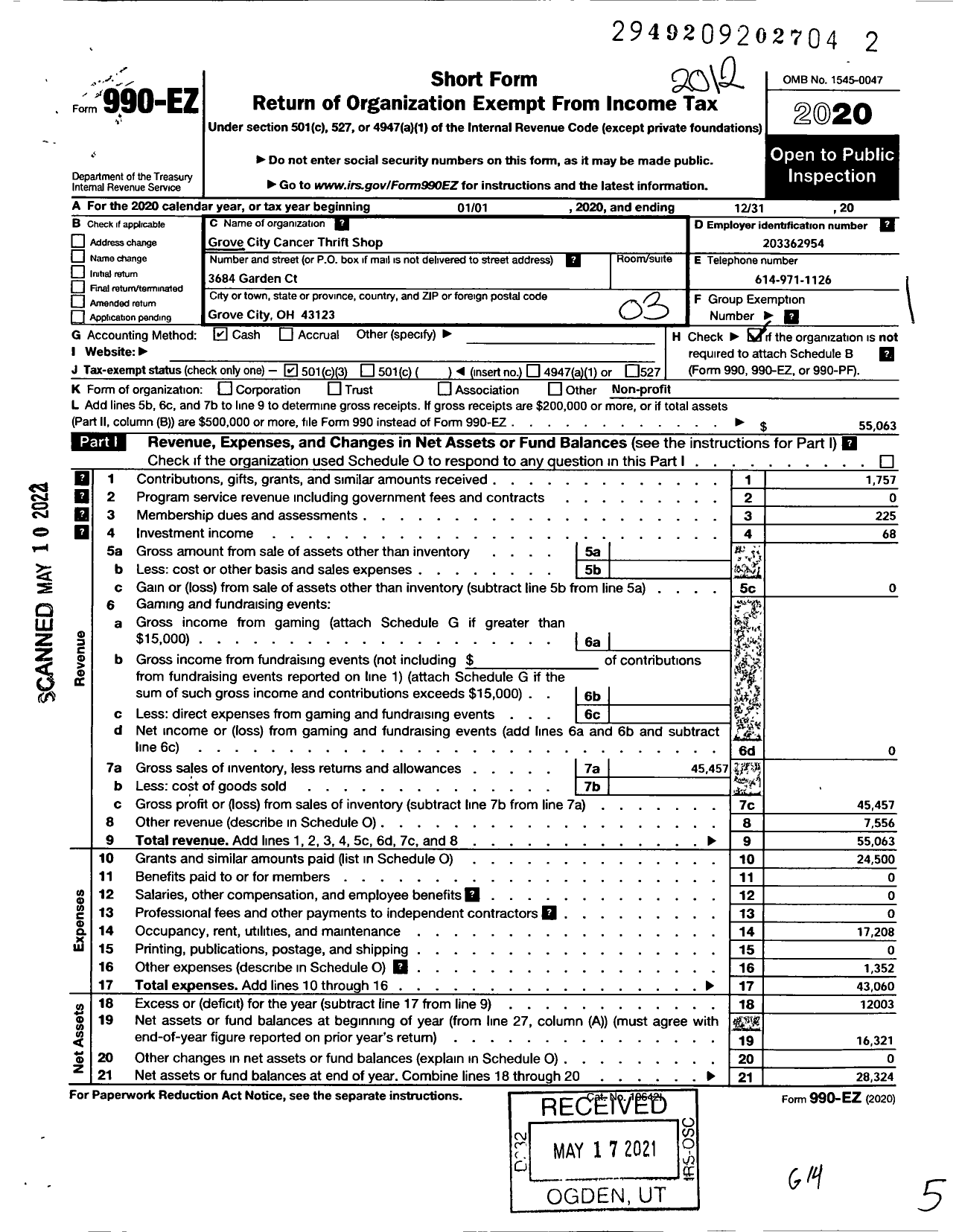 Image of first page of 2020 Form 990EZ for The Grove City Cancer Thrift Shop