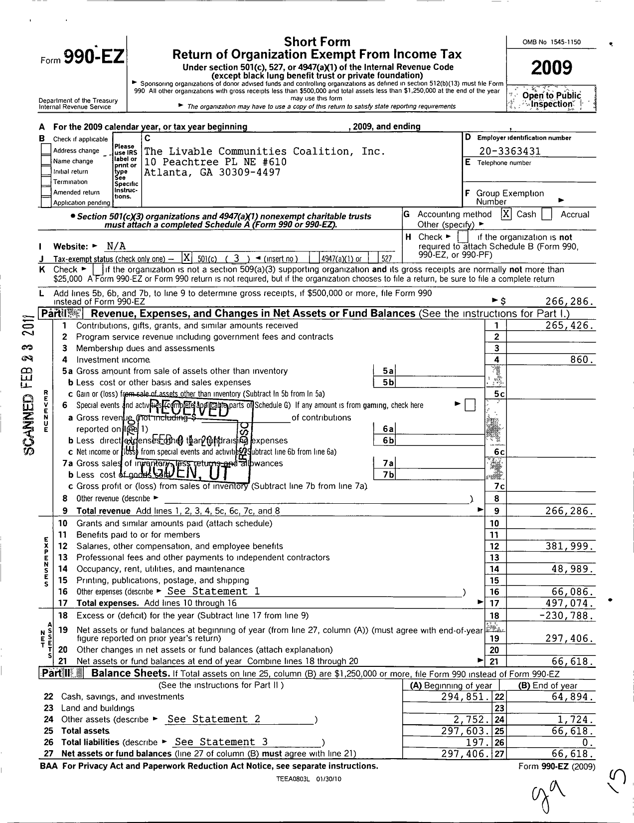 Image of first page of 2009 Form 990EZ for Livable Communities Coalition