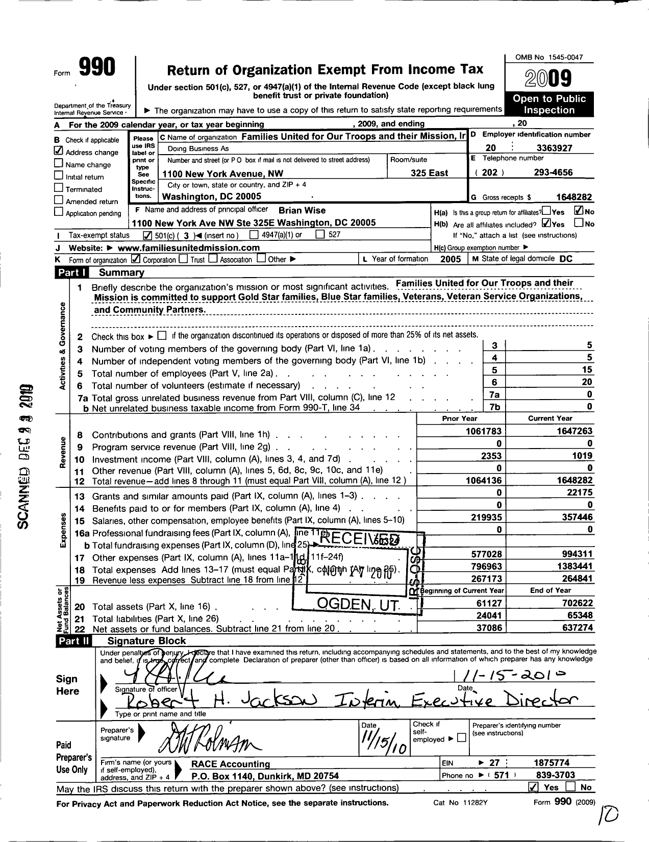 Image of first page of 2009 Form 990 for Military Families United