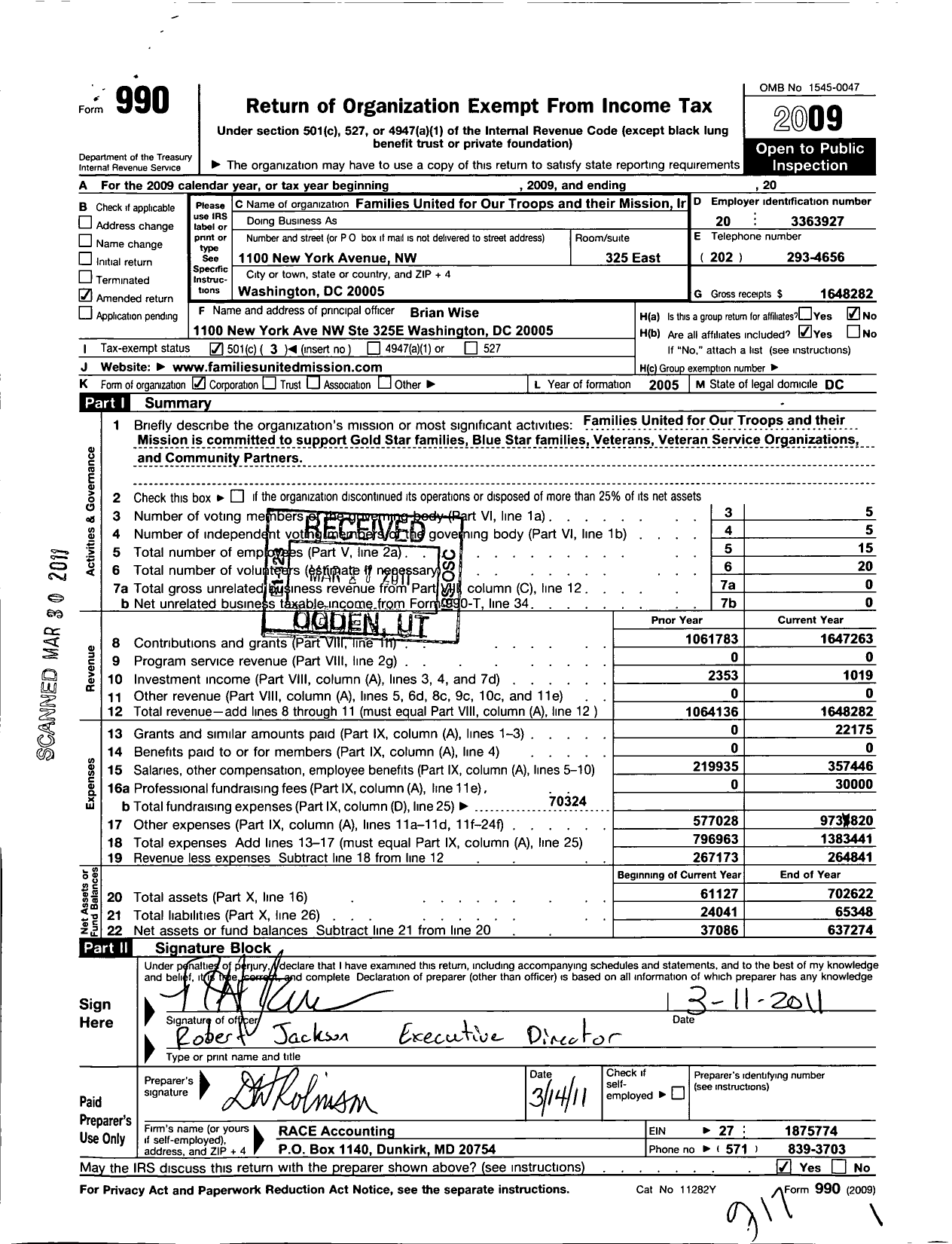 Image of first page of 2009 Form 990 for Military Families United