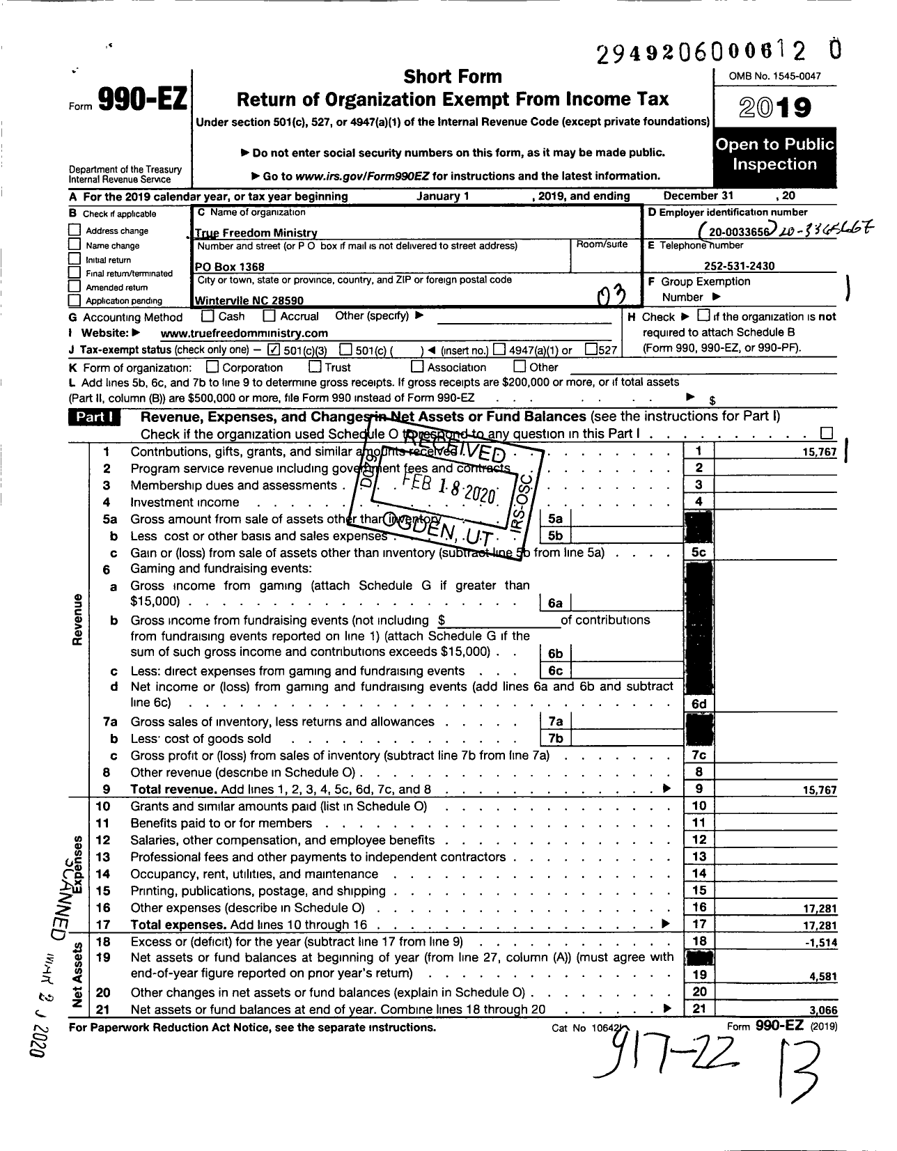 Image of first page of 2019 Form 990EZ for True Freedom Ministry