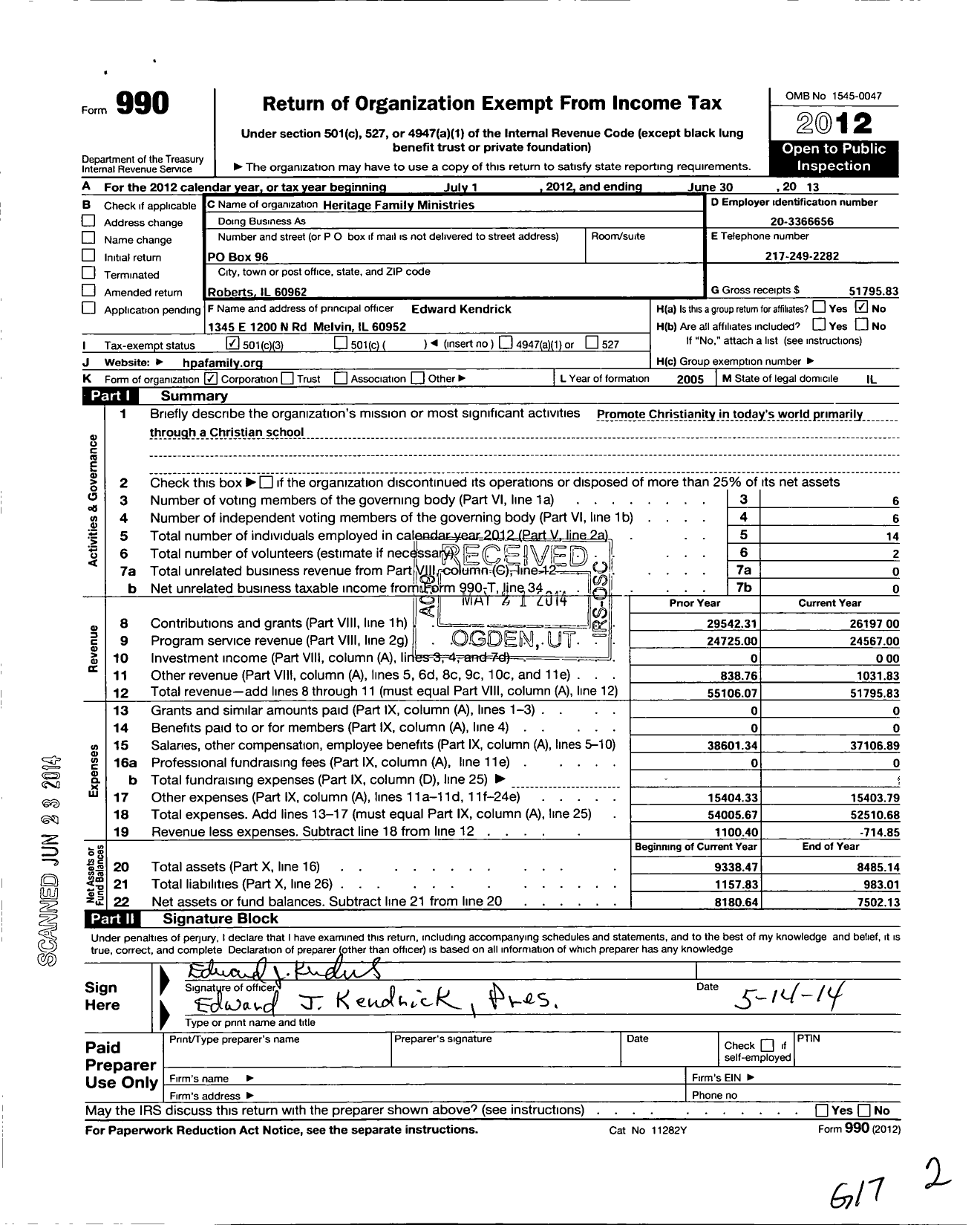 Image of first page of 2012 Form 990 for Heritage Family Ministries