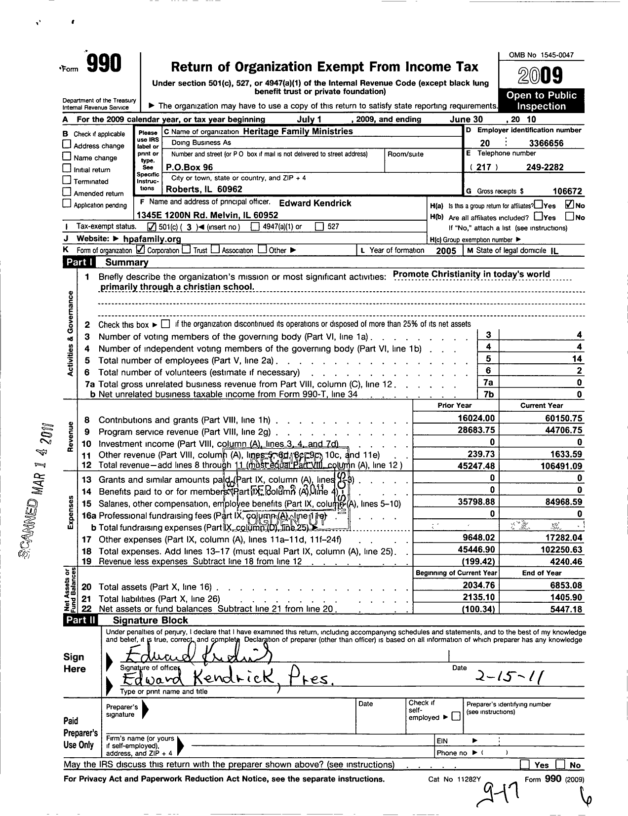 Image of first page of 2009 Form 990 for Heritage Family Ministries