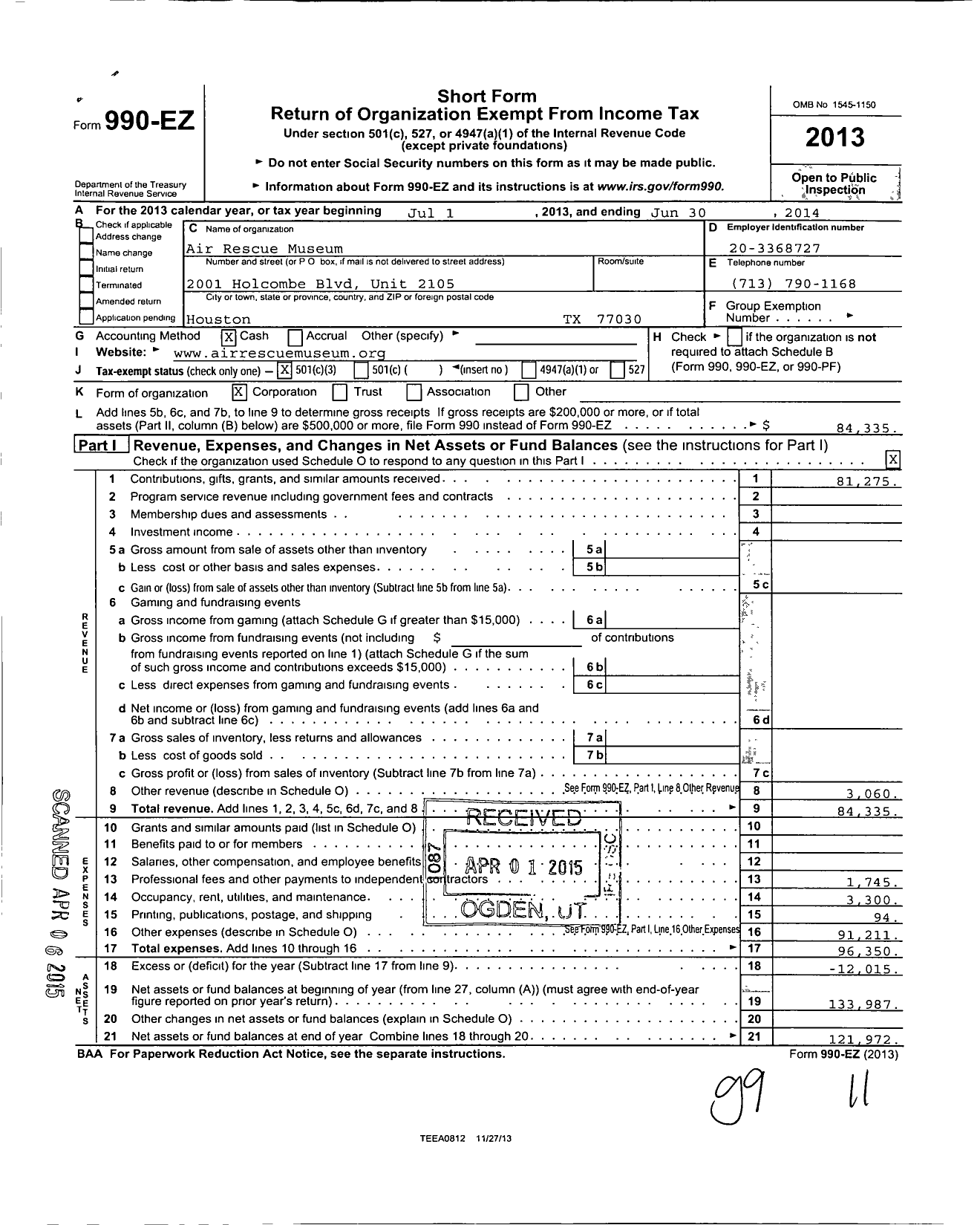 Image of first page of 2013 Form 990EZ for Air Rescue Museum