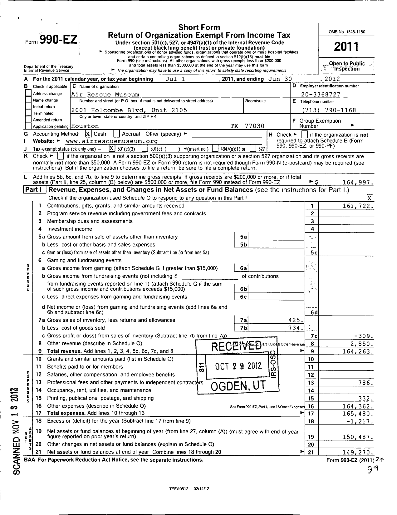 Image of first page of 2011 Form 990EZ for Air Rescue Museum