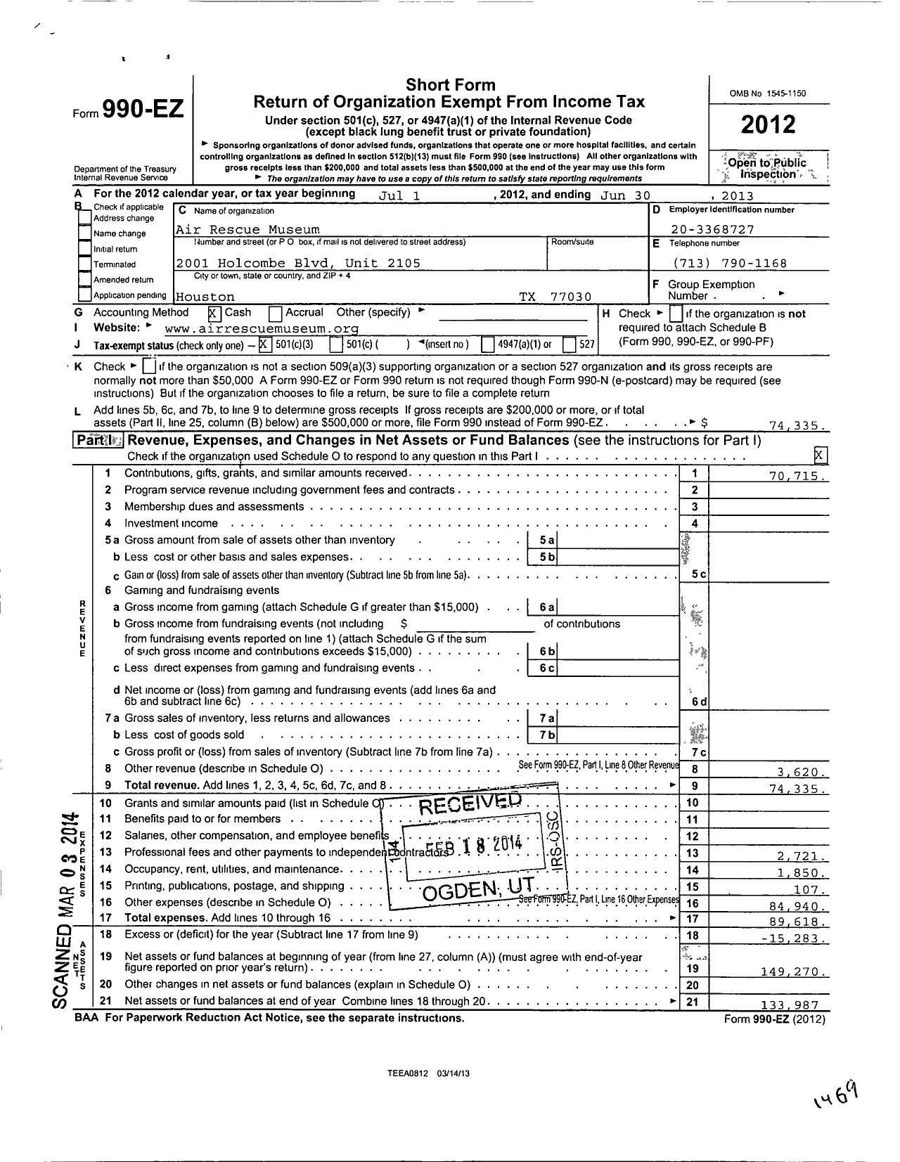 Image of first page of 2012 Form 990EZ for Air Rescue Museum