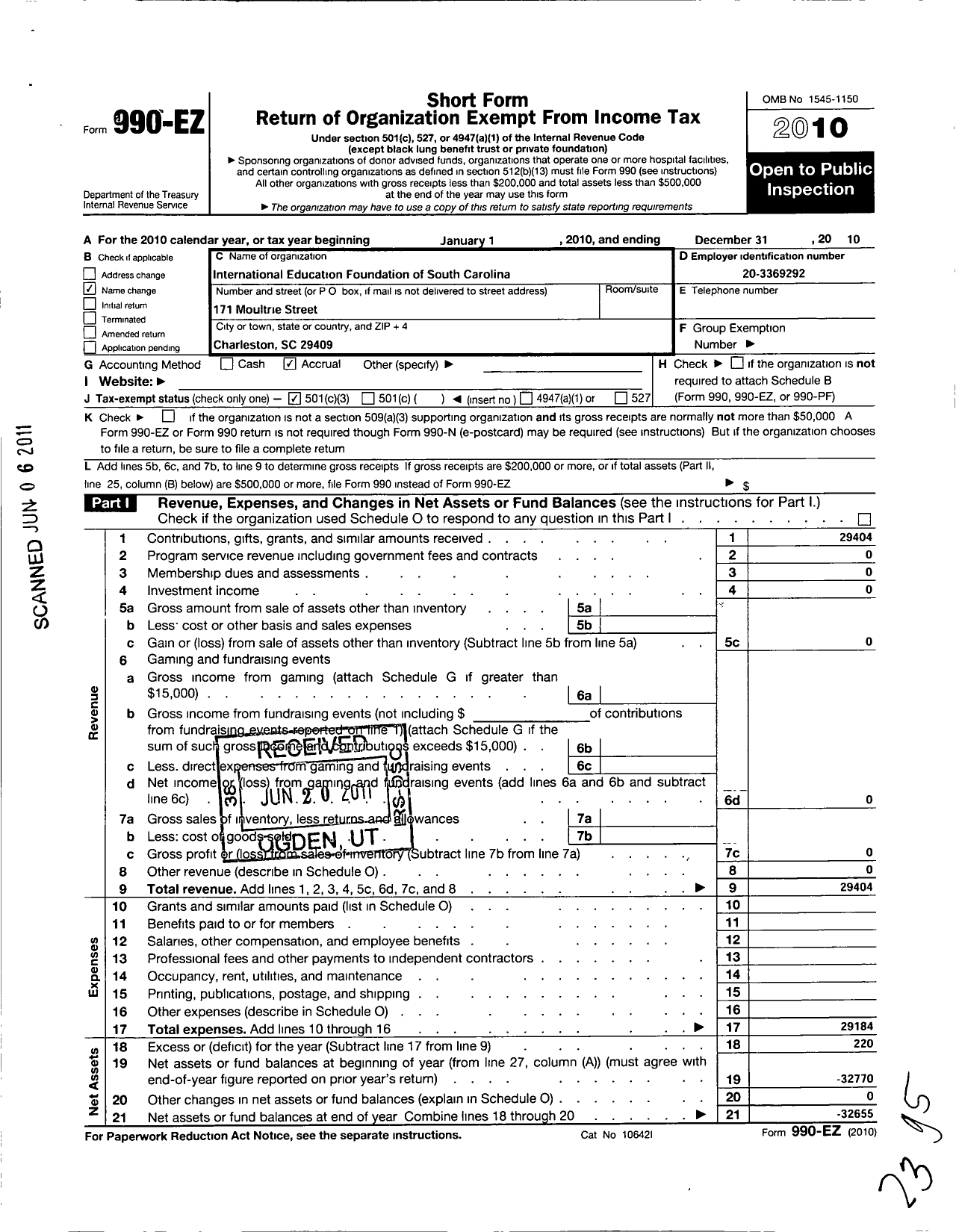 Image of first page of 2010 Form 990EZ for Charleston Council for International Visitors