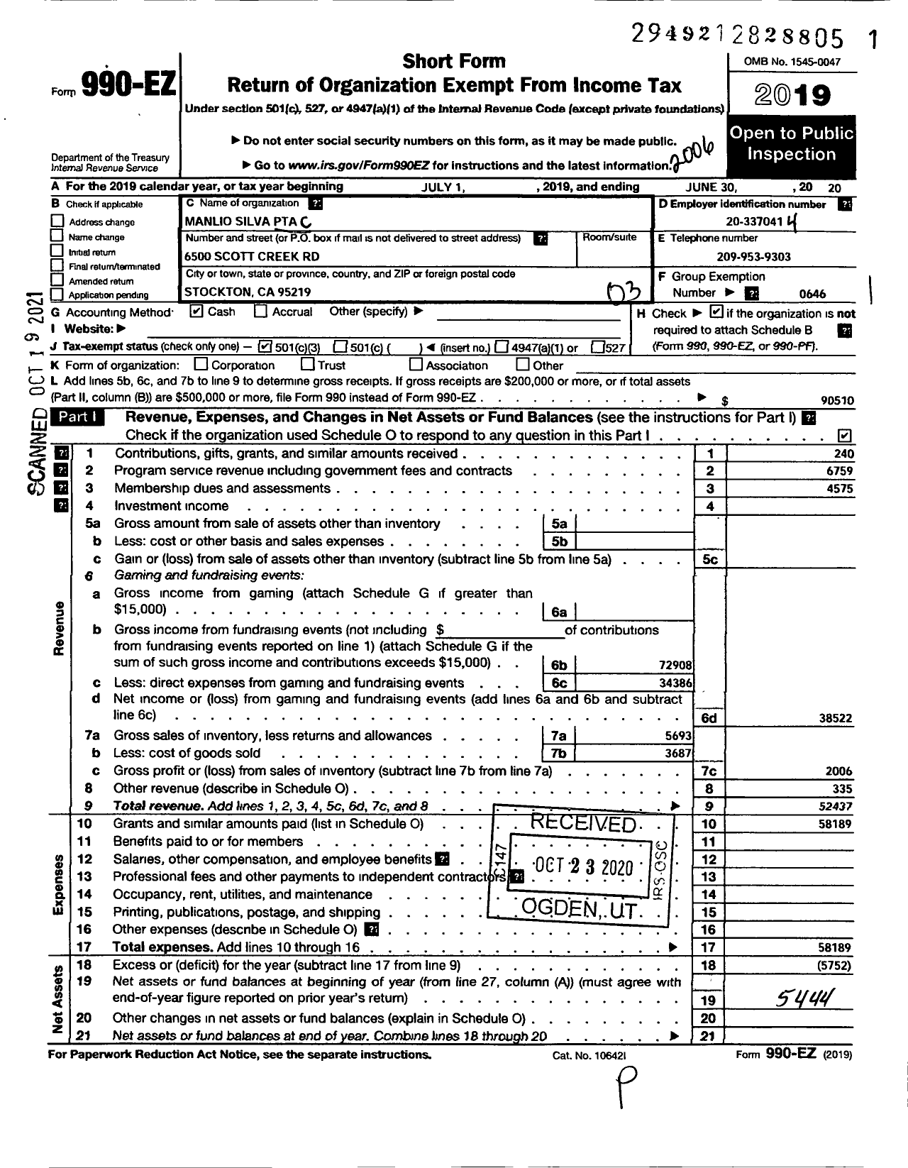 Image of first page of 2019 Form 990EZ for California State PTA - Manlio Silva PTA